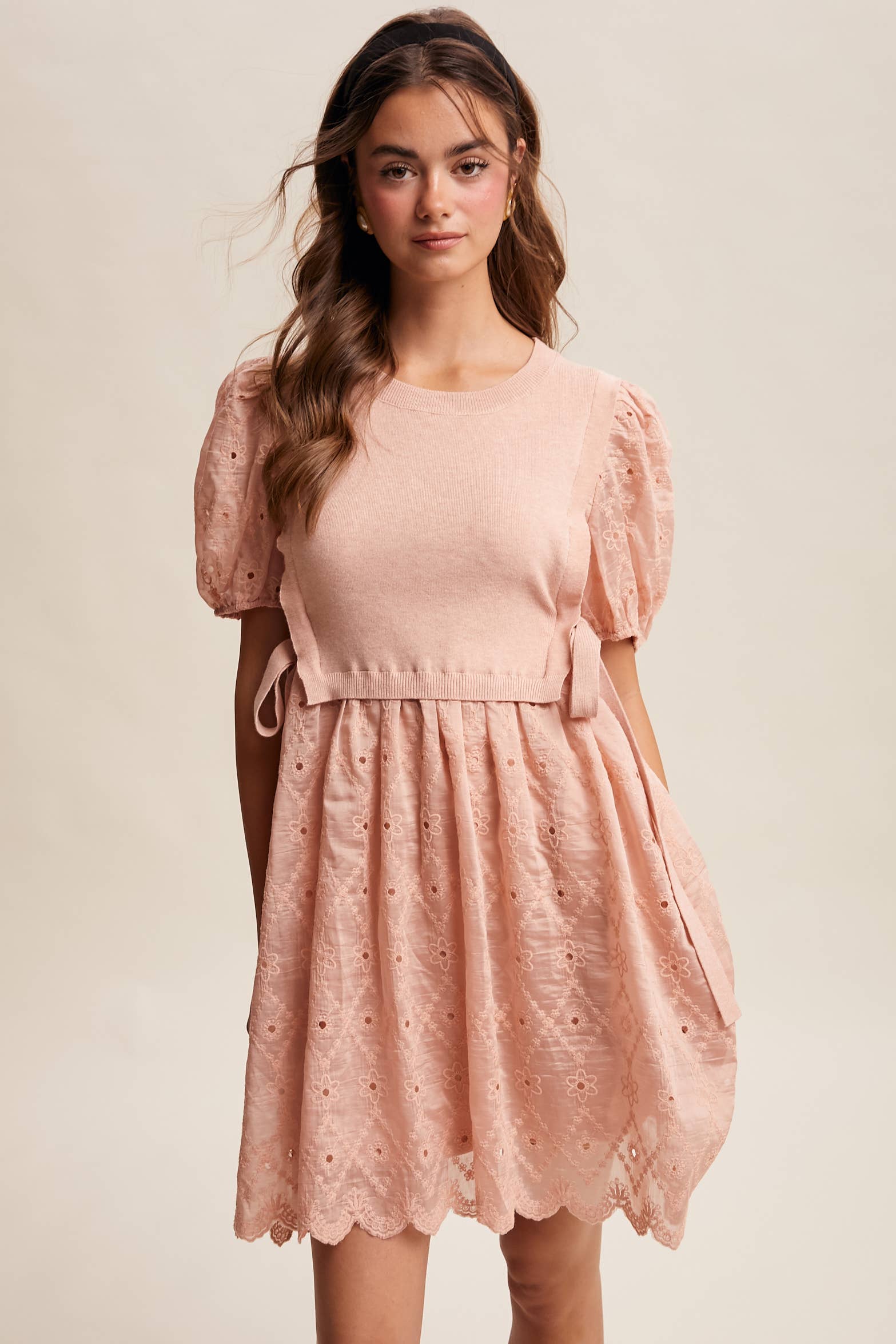 Embroidered Puff Sleeve Dress with Knit Vest LD1522