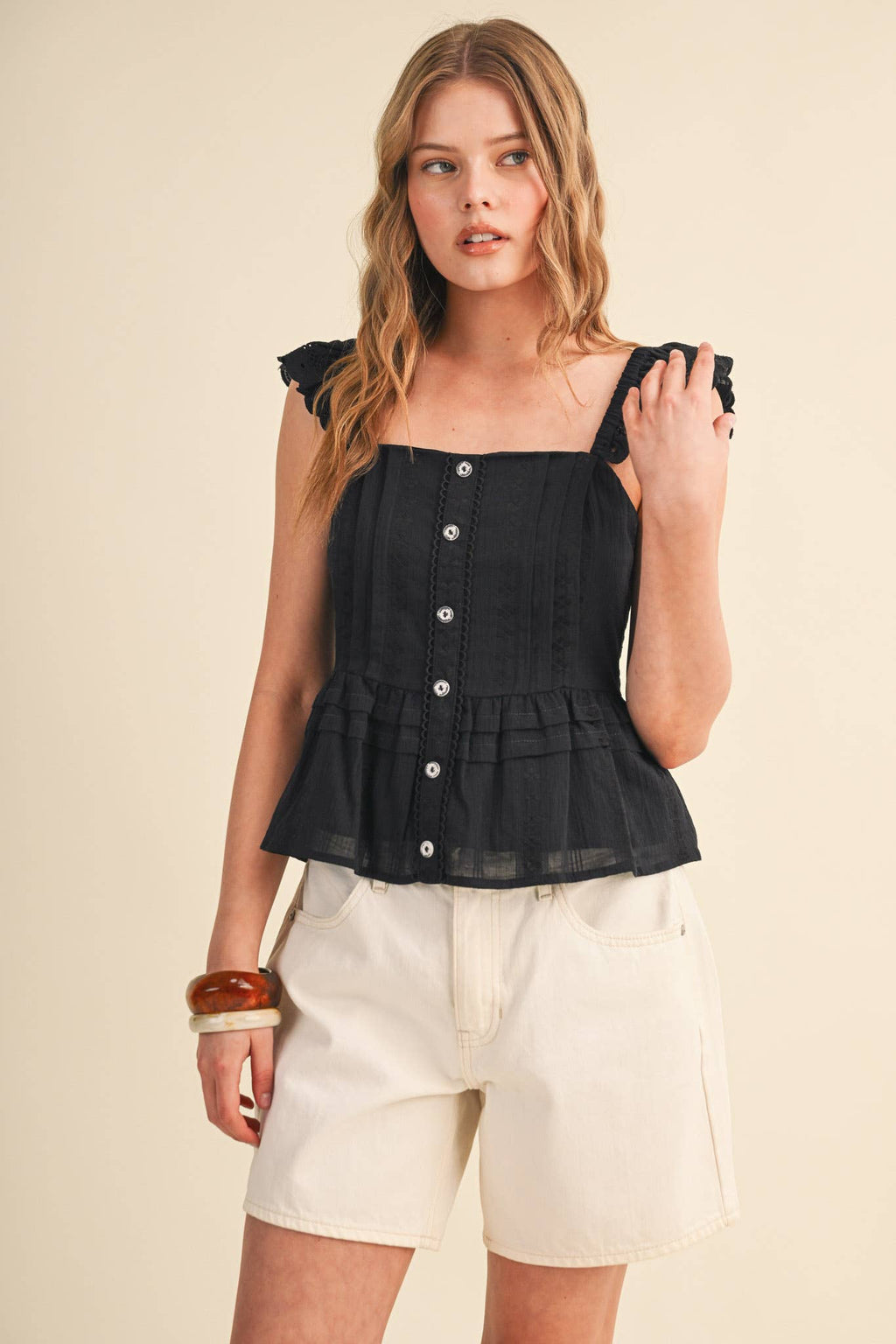 EYELET FLUTTER SLEEVE PEPLUM TOP MTP4953