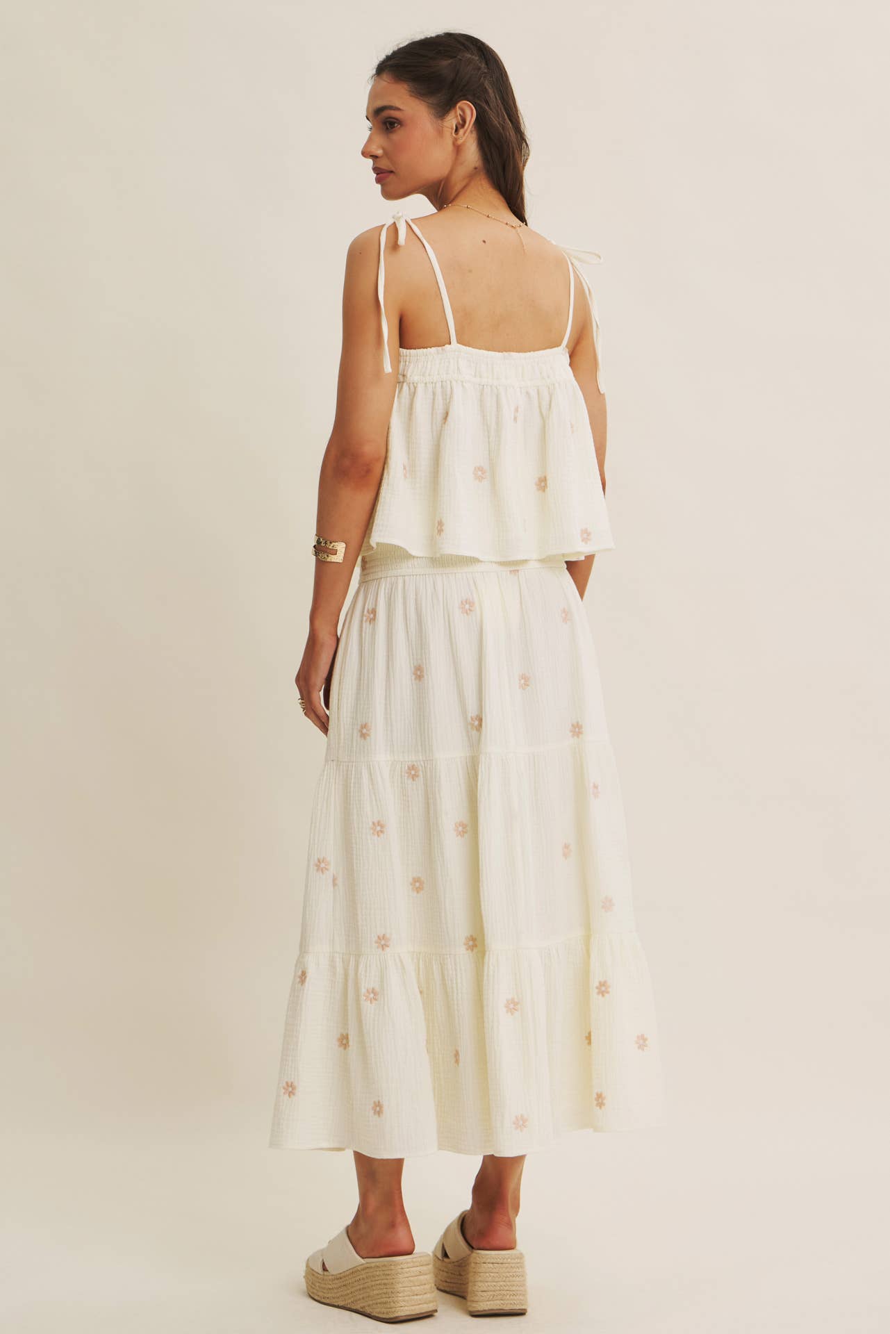 SUNSET FIELD EMBROIDERED COTTON GAUZE TANK WITH TIE STRAPS