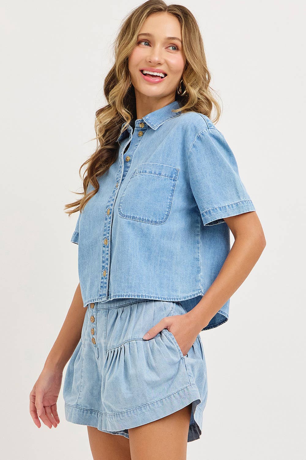 Button Front High Rise Denim Shorts