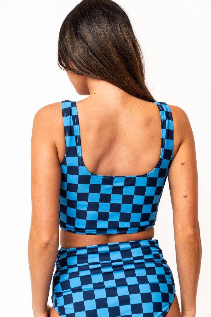 Blue Check Square Neck Swim Top