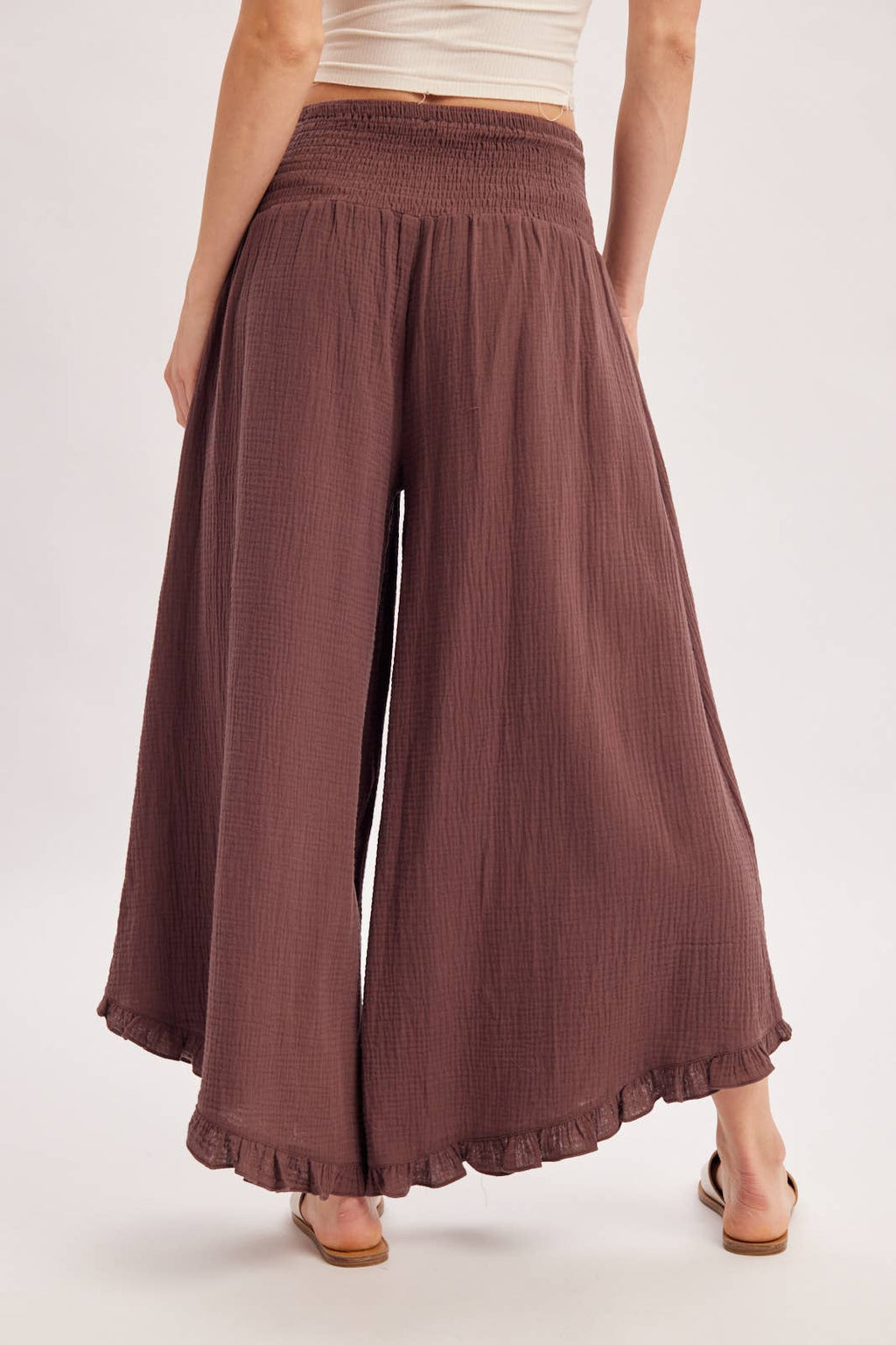 SMOCKED WAISTBAND RUFFLE TRIM WIDE LEG PANTS