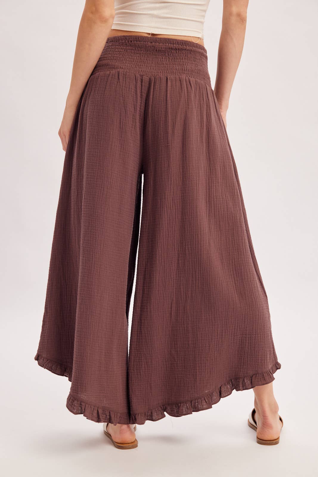 SMOCKED WAISTBAND RUFFLE TRIM WIDE LEG PANTS