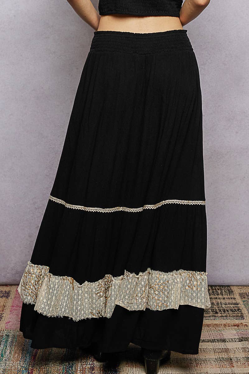 Smocked Waist Ruffle Embroidered Fringe Long Skirt