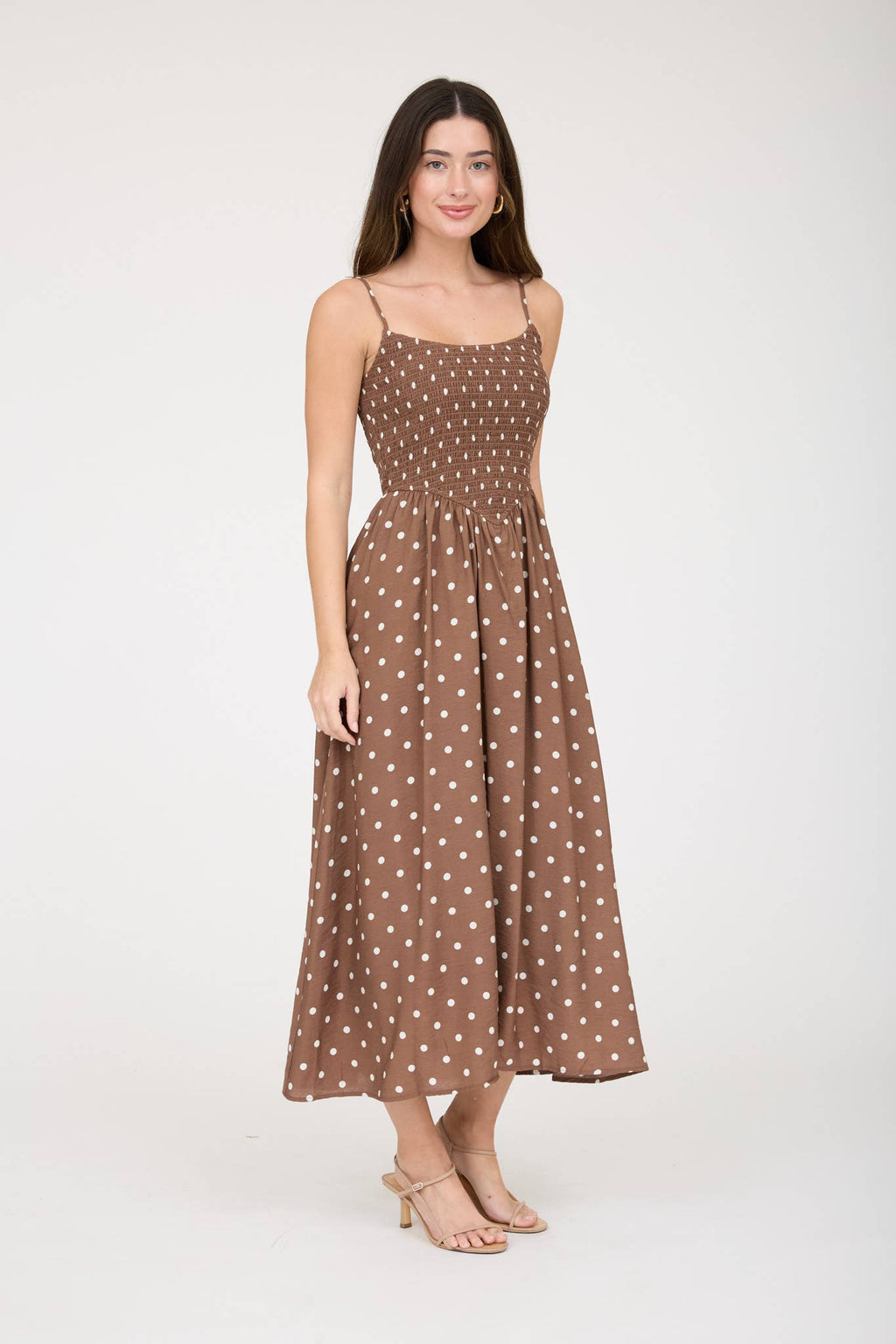 POLKA DOT SMOCKED BASQUE WAIST MIDI DRESS