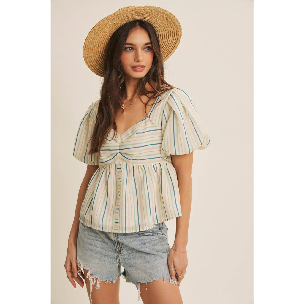 MULTI COLOR STRIPED BUBBLE SLEEVES BABYDOLL TOP