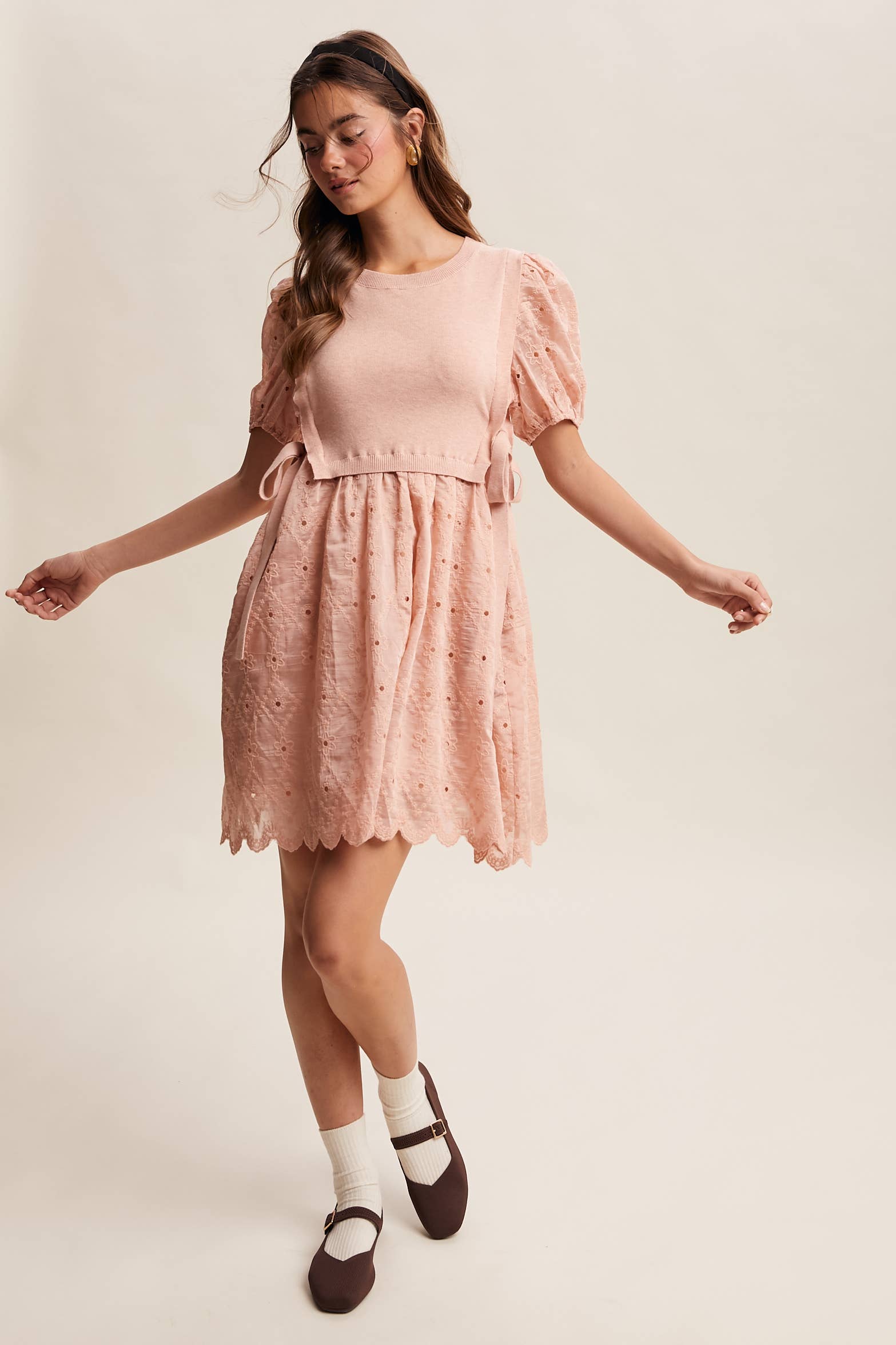 Embroidered Puff Sleeve Dress with Knit Vest LD1522
