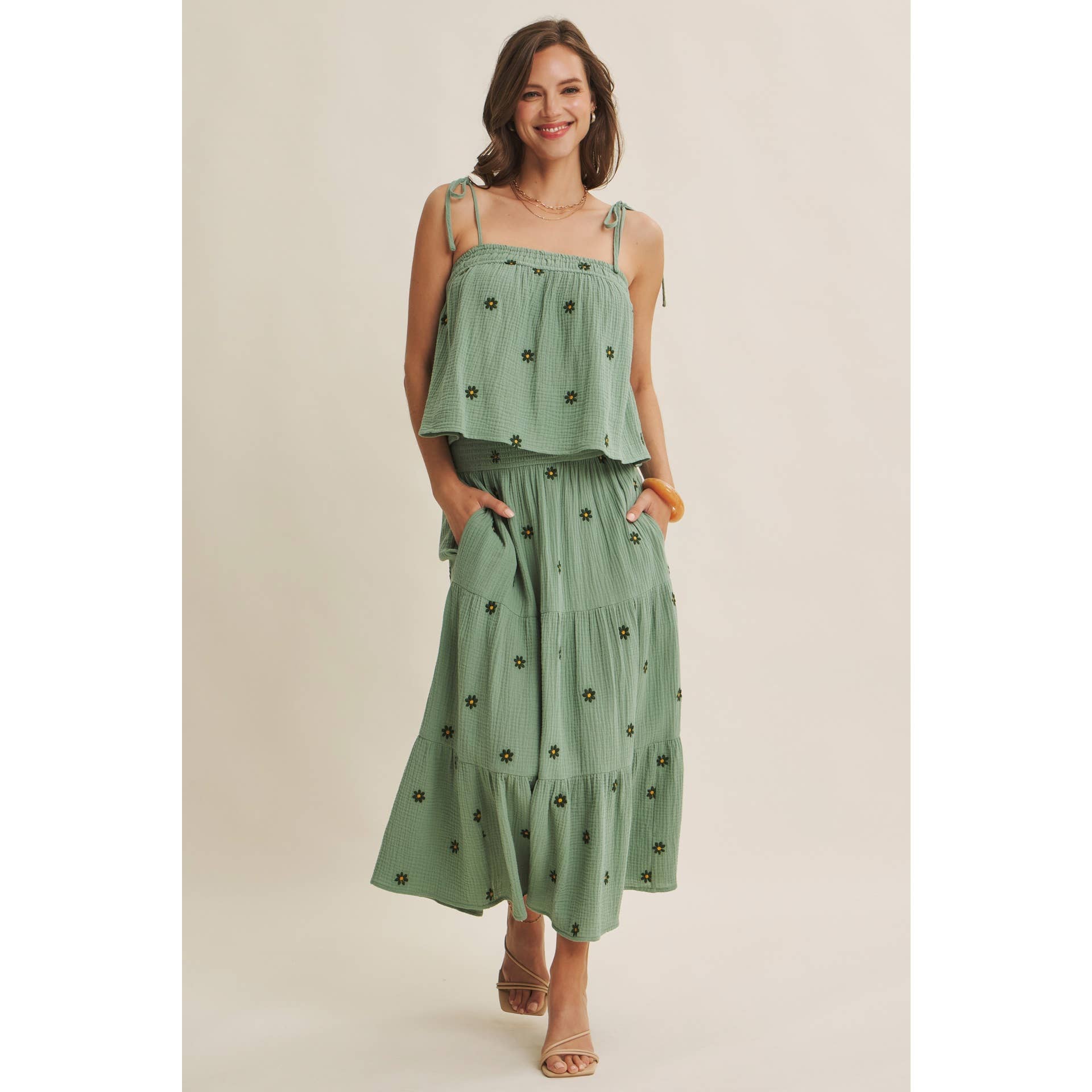 SUNSET FIELD EMBROIDERED COTTON GAUZE TANK WITH TIE STRAPS
