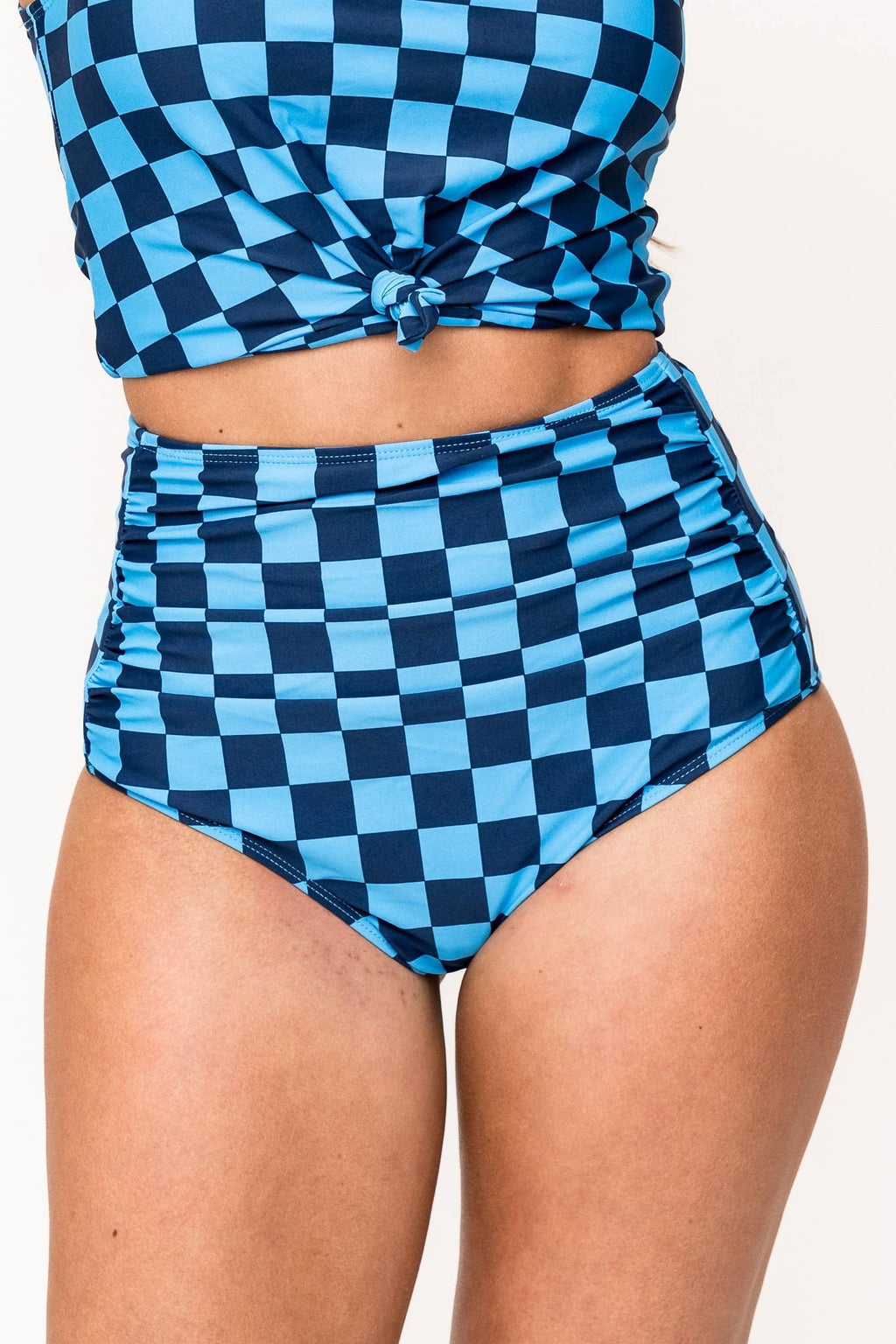 Blue Check High Waisted Ruched Swim Bottoms