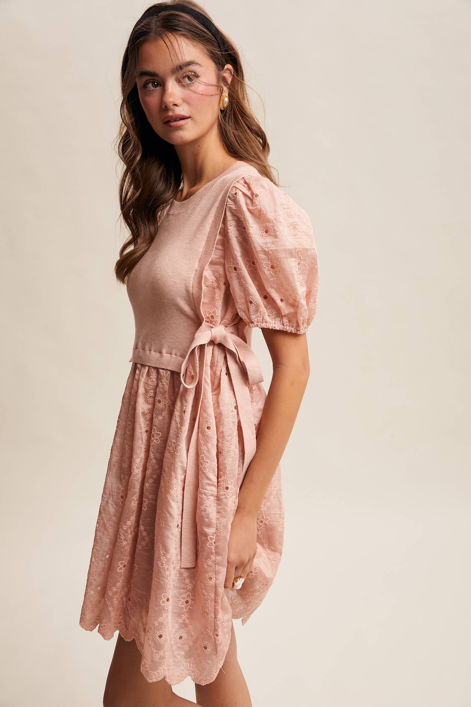 Embroidered Puff Sleeve Dress with Knit Vest LD1522