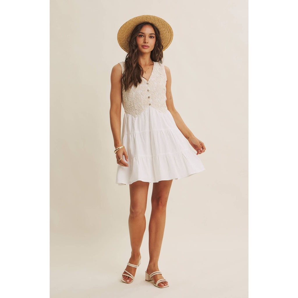 FRENCH PICNIC MIXED MEDIA COTTON CROCHET MINI DRESS