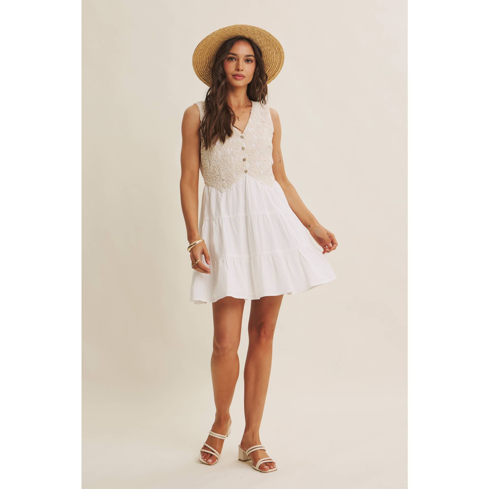 FRENCH PICNIC MIXED MEDIA COTTON CROCHET MINI DRESS
