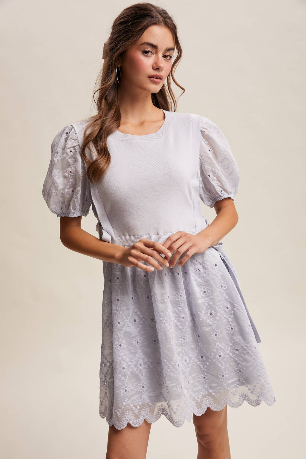 Embroidered Puff Sleeve Dress with Knit Vest LD1522