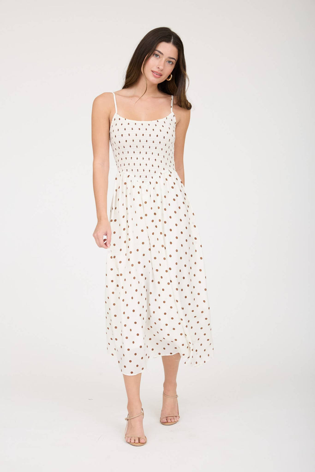 POLKA DOT SMOCKED BASQUE WAIST MIDI DRESS