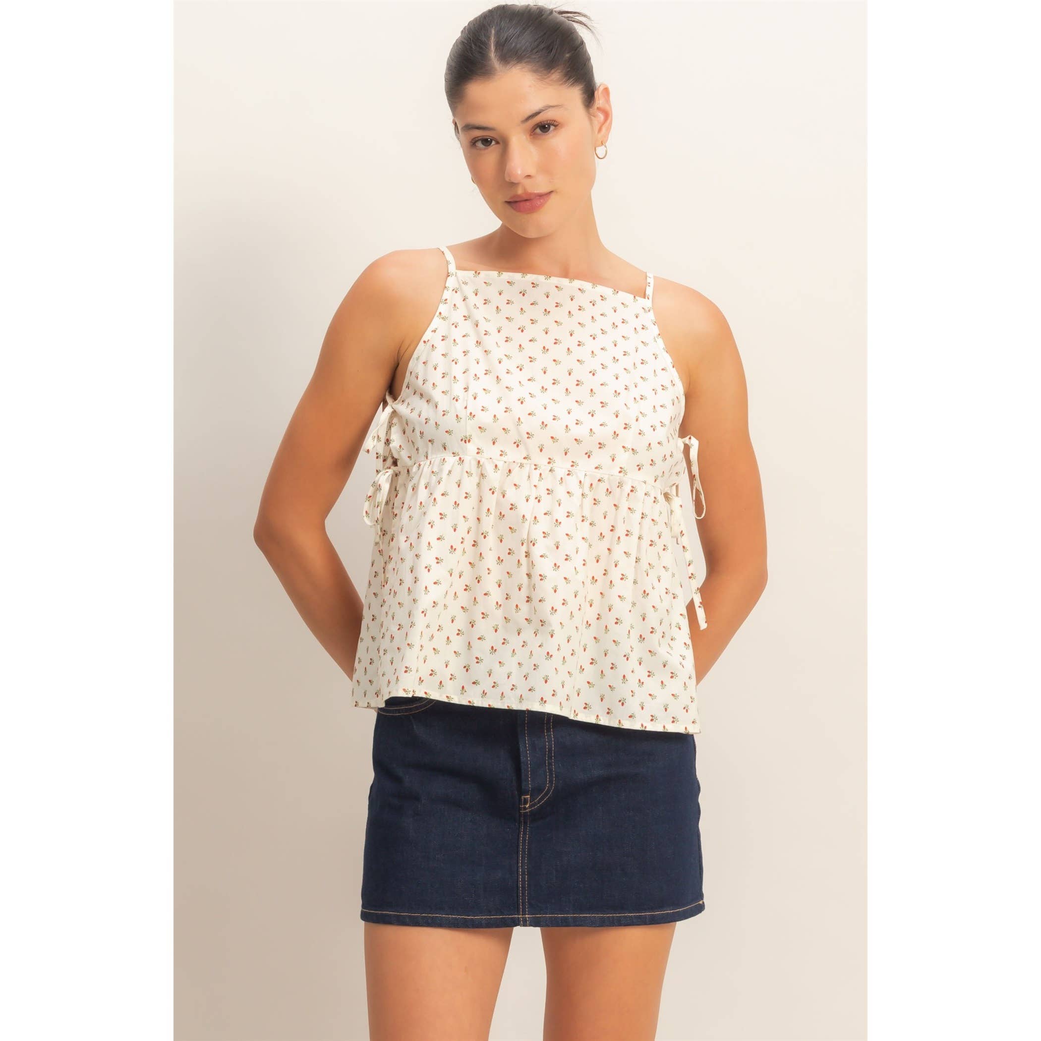 Strawberry Print Tie-Side Cami Top