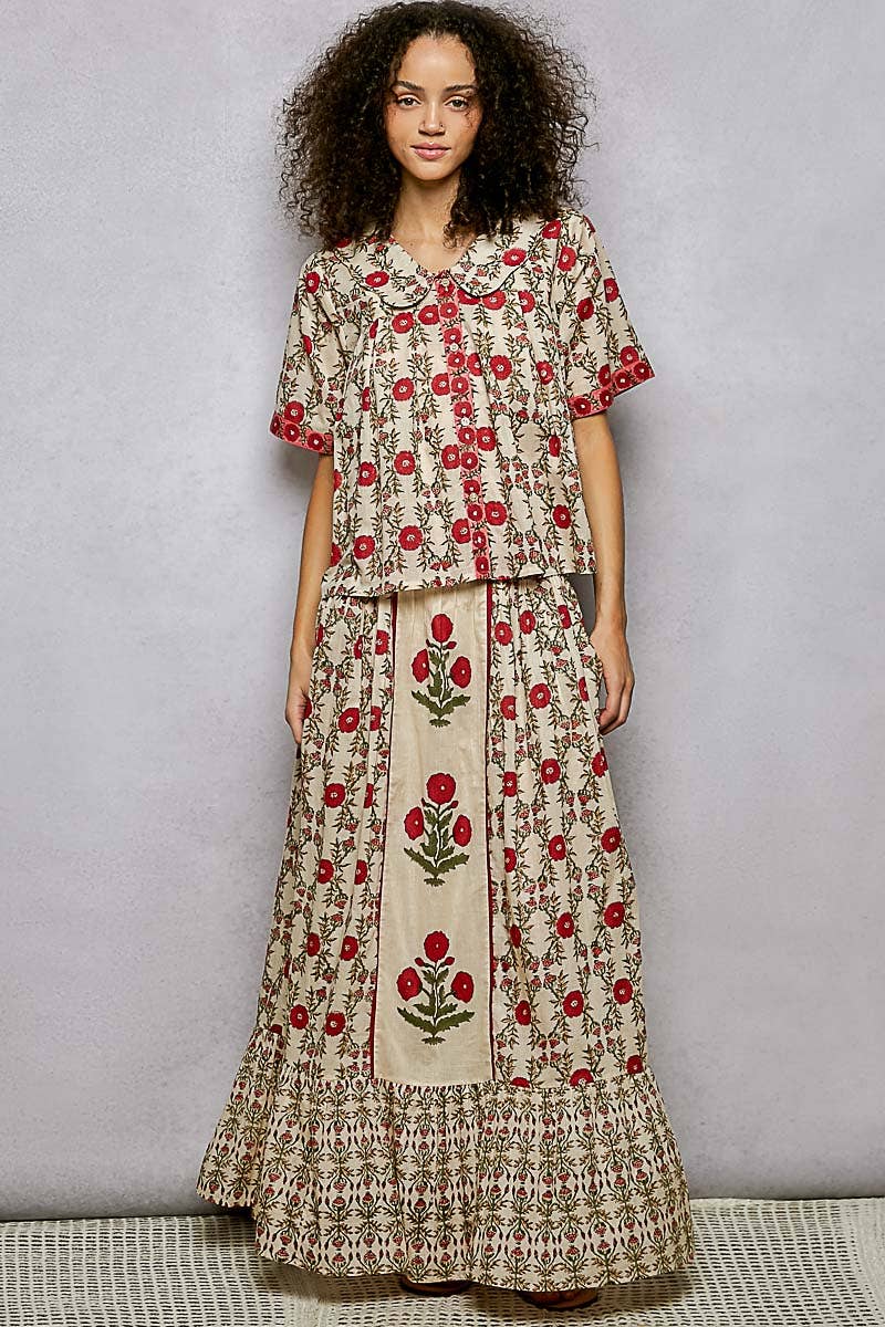 Floral Pattern Printed Woven Maxi Skirt
