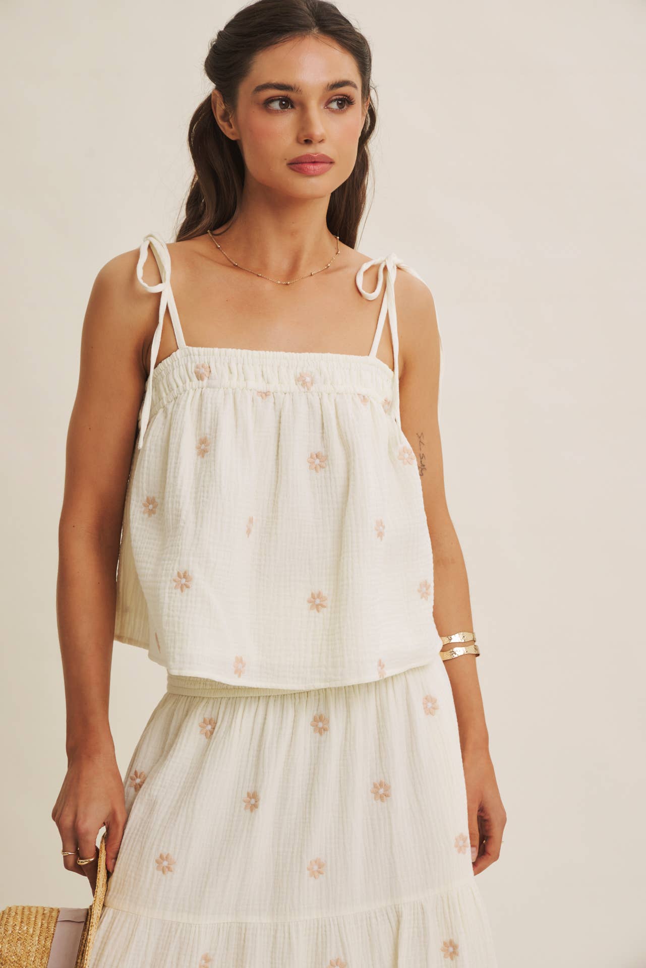 SUNSET FIELD EMBROIDERED COTTON GAUZE SMOCKED MIDI SKIRTS