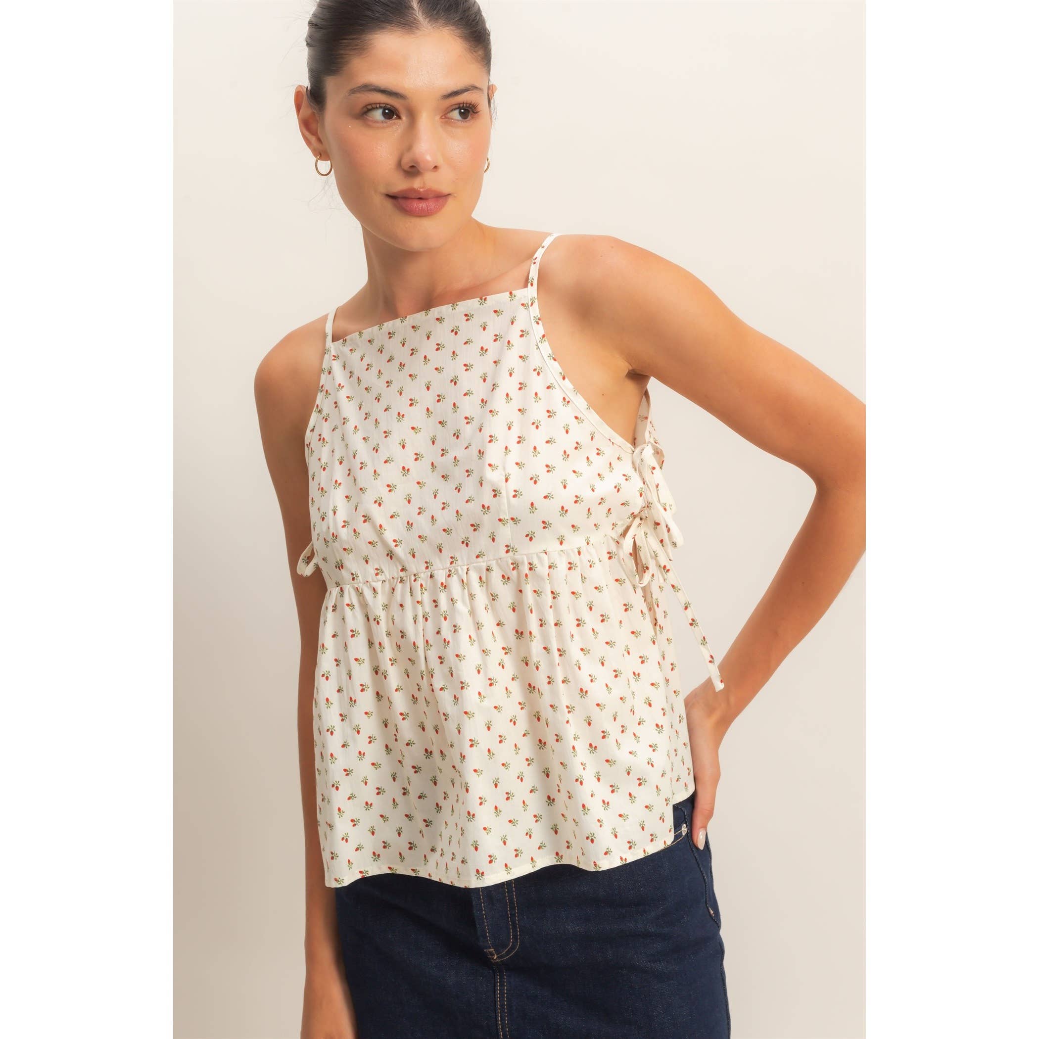 Strawberry Print Tie-Side Cami Top