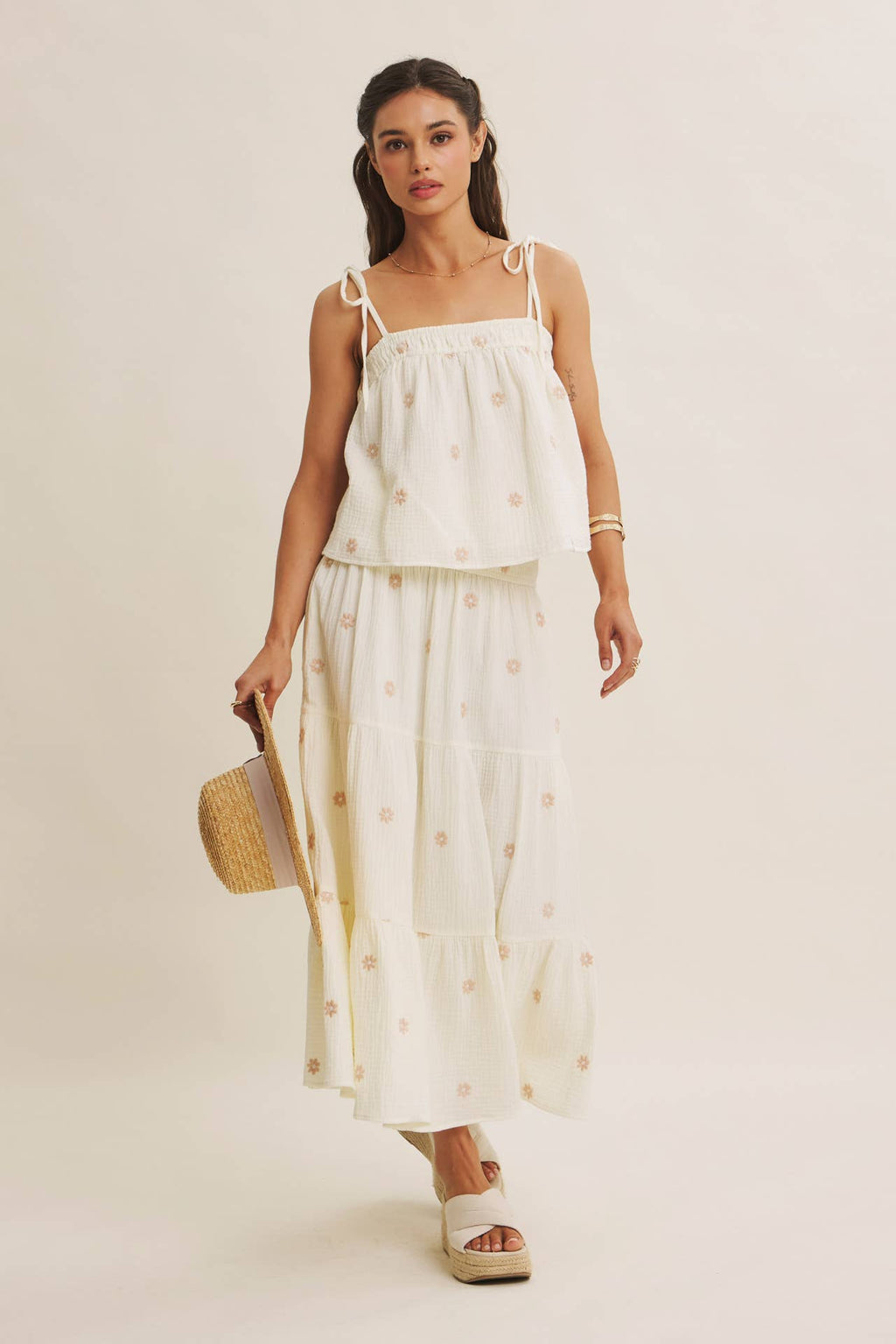 SUNSET FIELD EMBROIDERED COTTON GAUZE TANK WITH TIE STRAPS