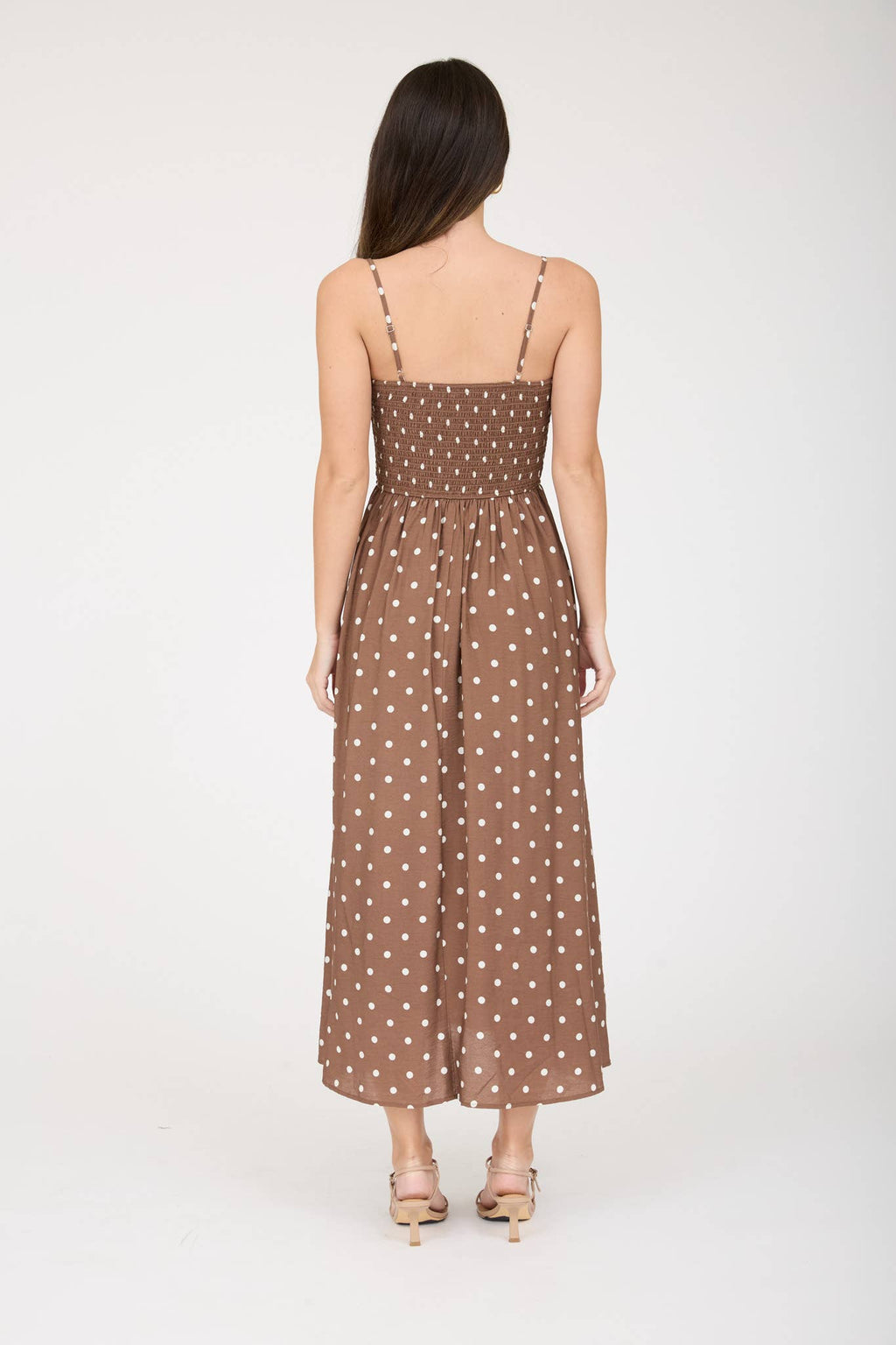 POLKA DOT SMOCKED BASQUE WAIST MIDI DRESS