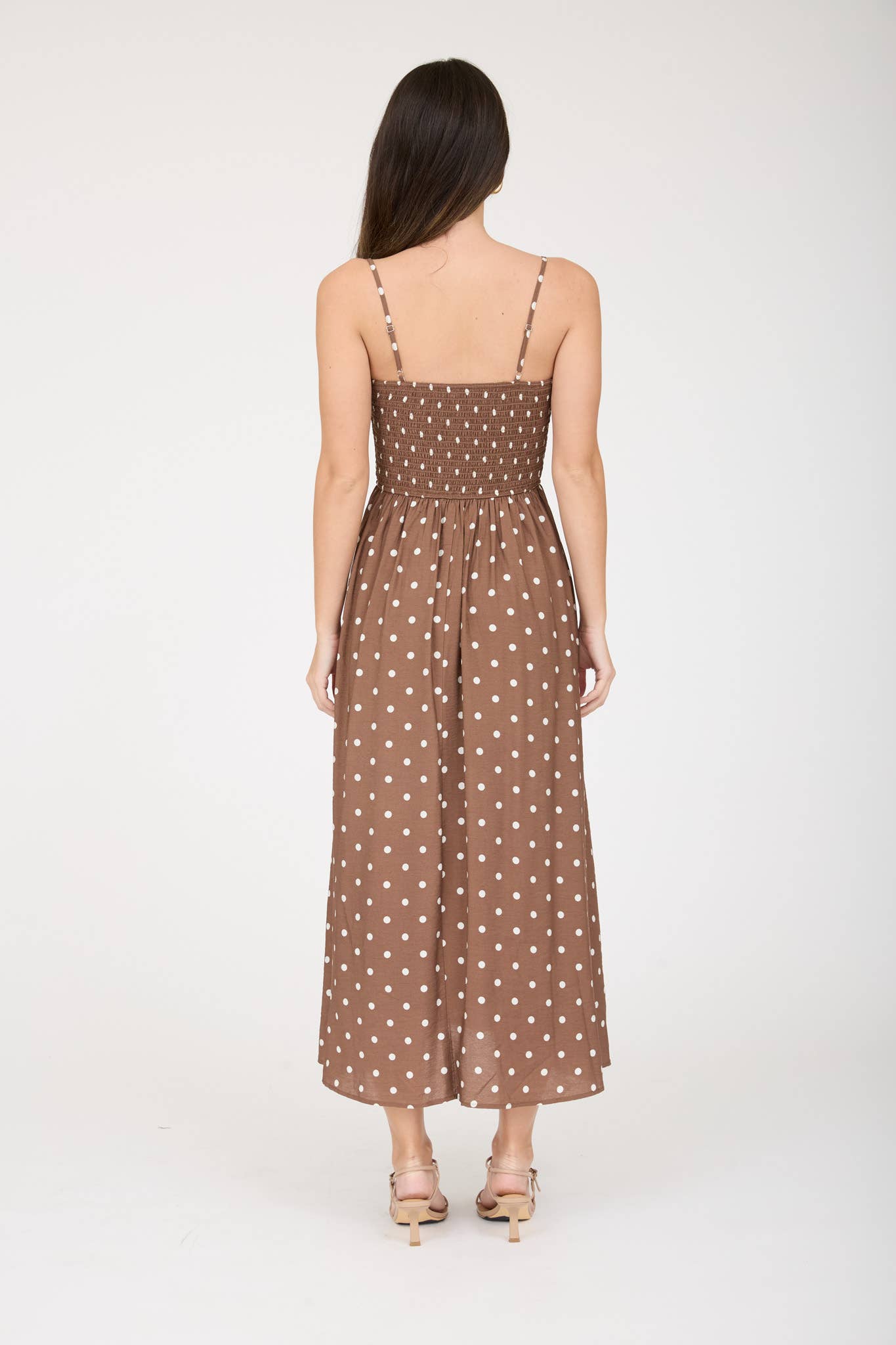 POLKA DOT SMOCKED BASQUE WAIST MIDI DRESS