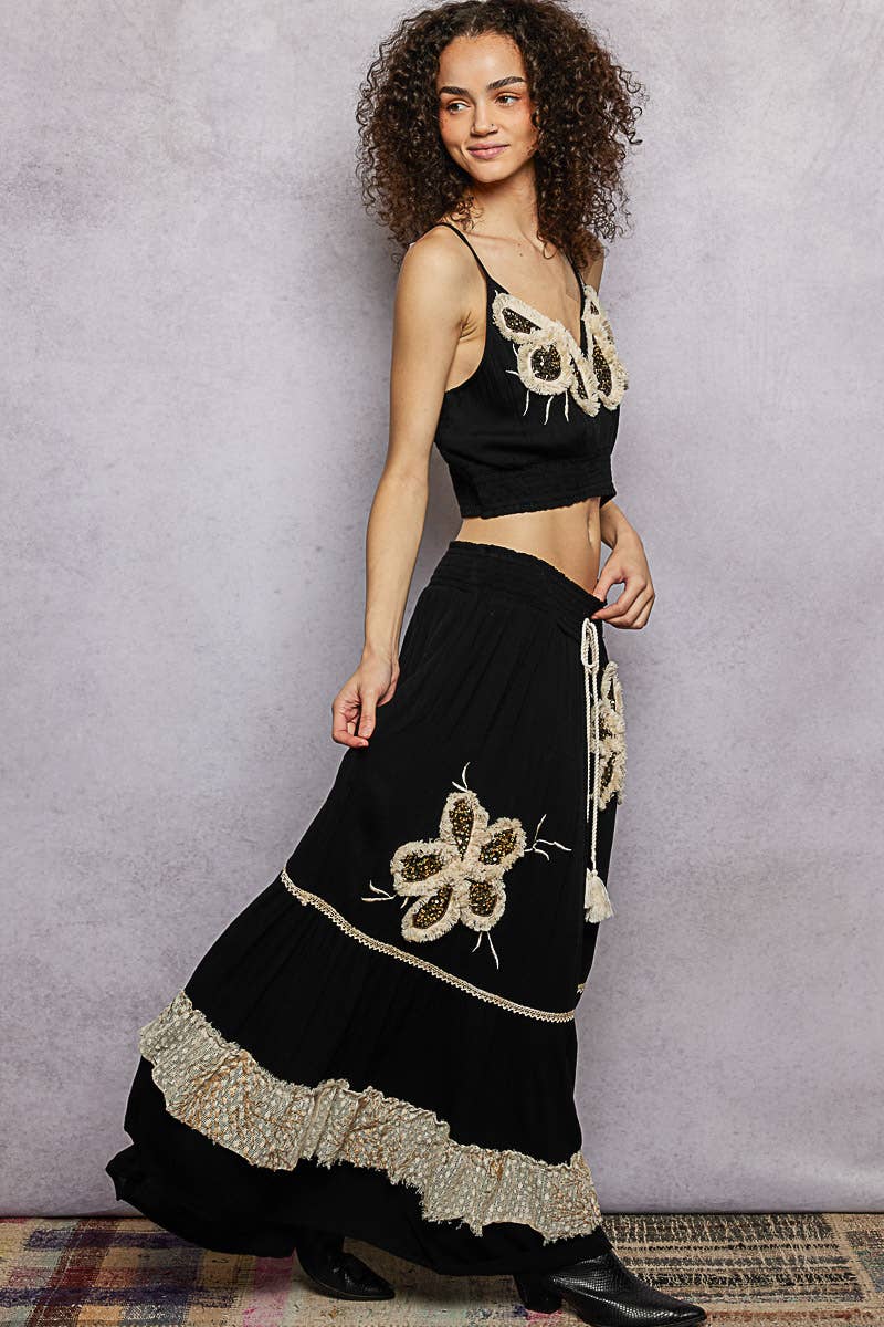 Smocked Waist Ruffle Embroidered Fringe Long Skirt