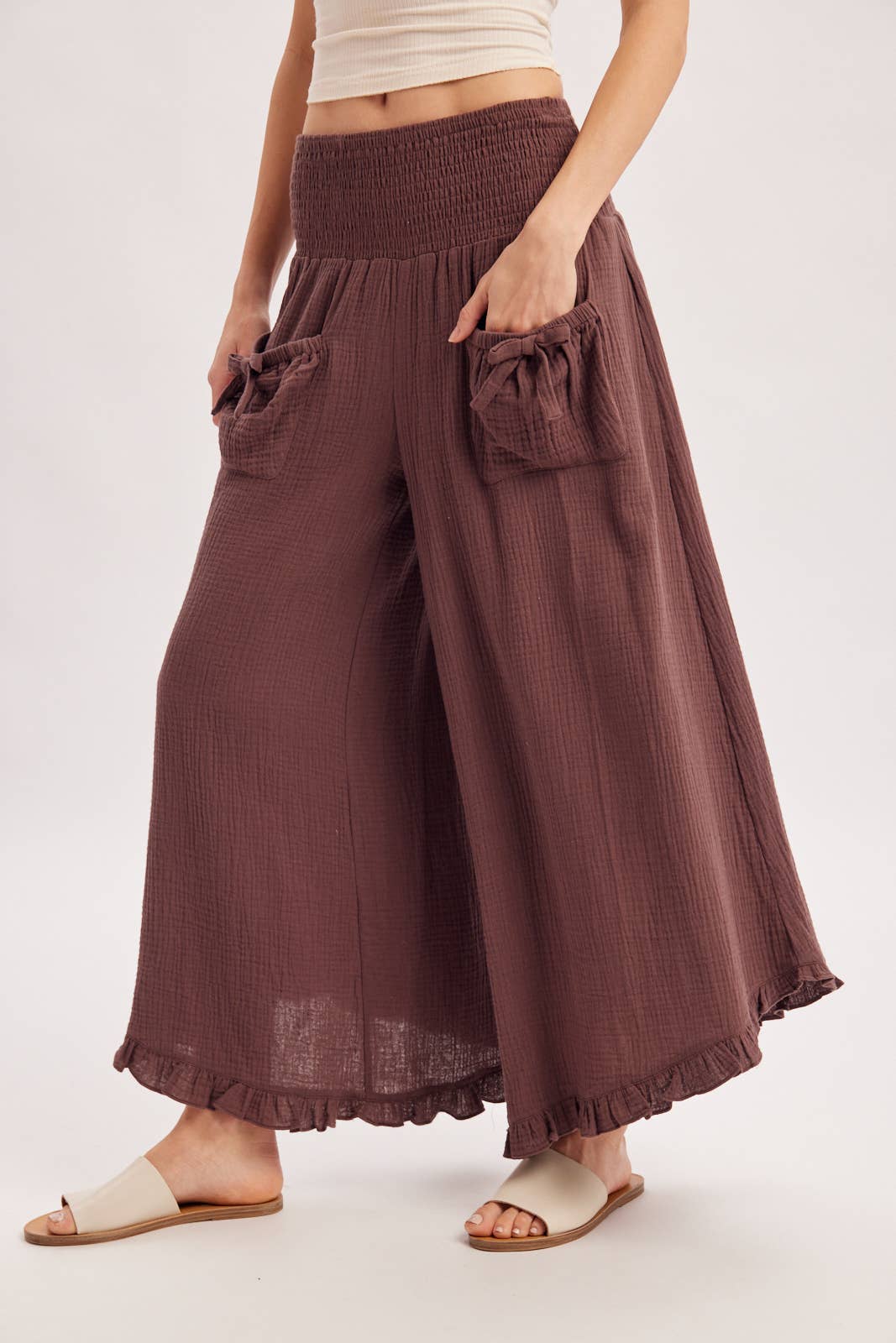 SMOCKED WAISTBAND RUFFLE TRIM WIDE LEG PANTS