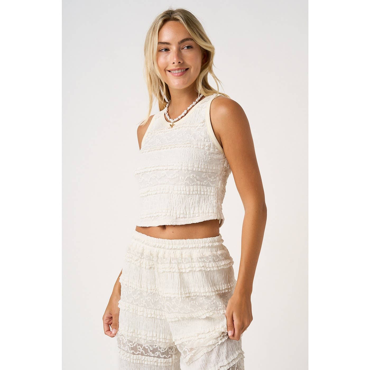 LACE RUFFLE CROPPED TANK TOP
