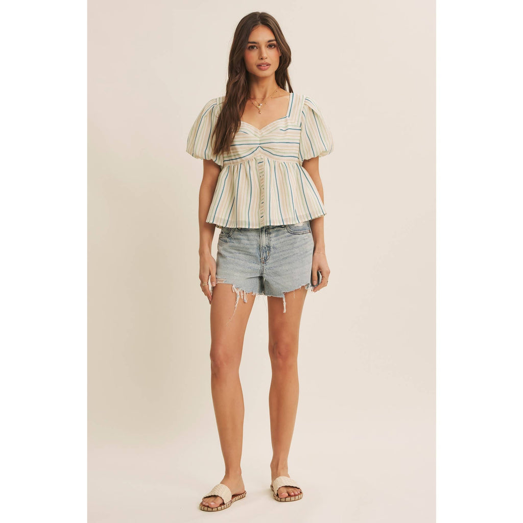 MULTI COLOR STRIPED BUBBLE SLEEVES BABYDOLL TOP