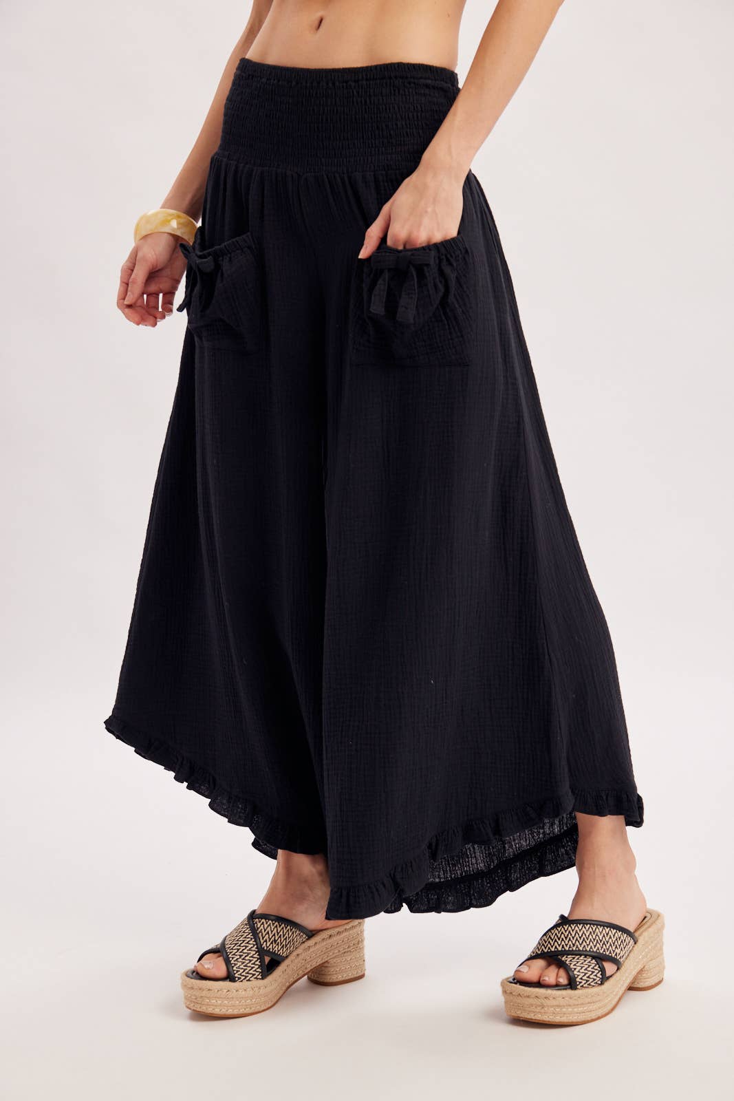 SMOCKED WAISTBAND RUFFLE TRIM WIDE LEG PANTS