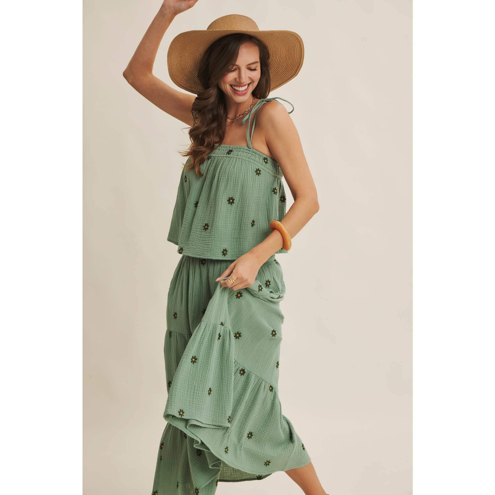 SUNSET FIELD EMBROIDERED COTTON GAUZE SMOCKED MIDI SKIRTS