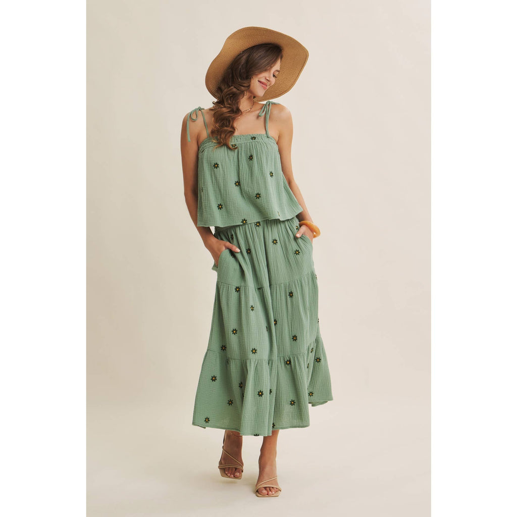 SUNSET FIELD EMBROIDERED COTTON GAUZE SMOCKED MIDI SKIRTS