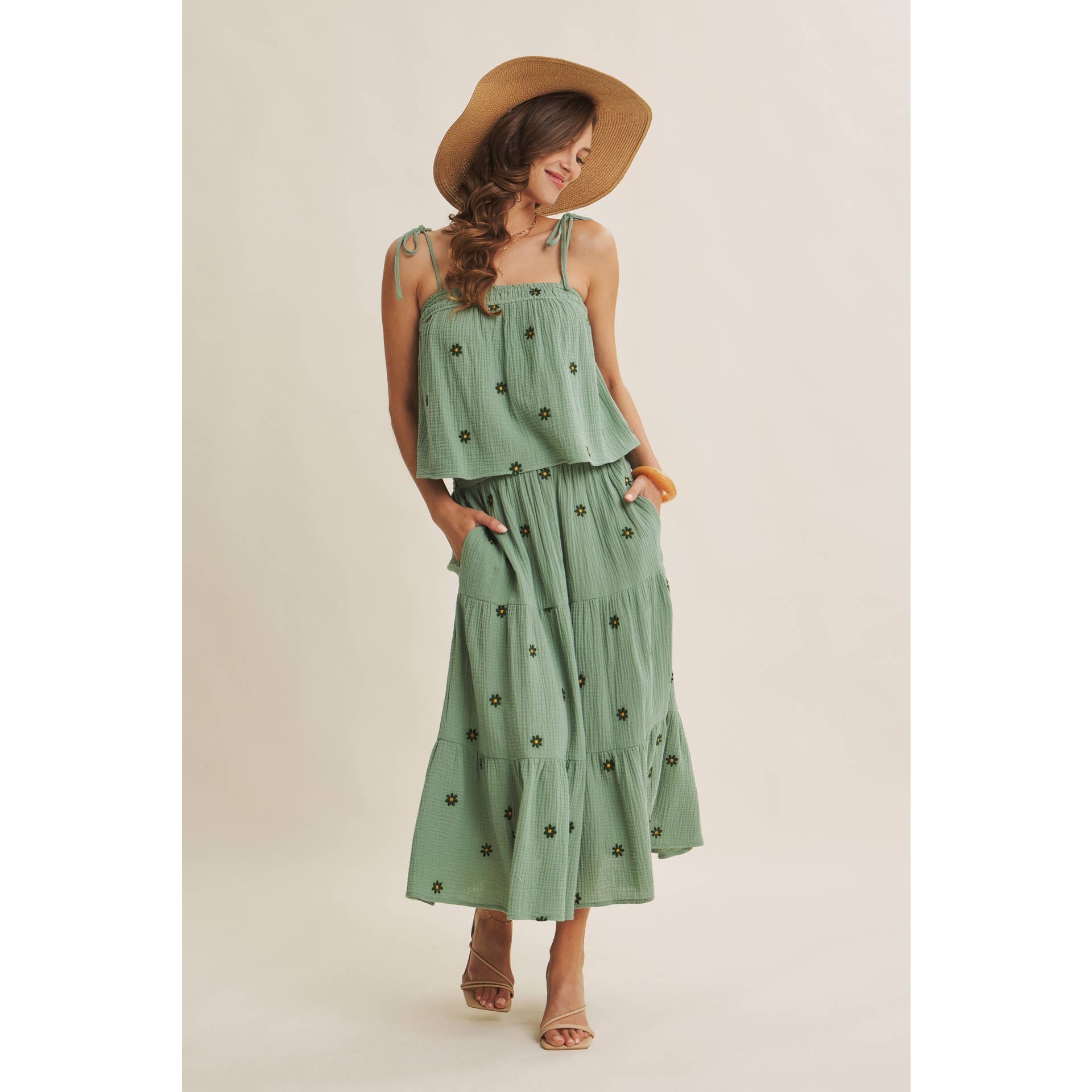 SUNSET FIELD EMBROIDERED COTTON GAUZE SMOCKED MIDI SKIRTS
