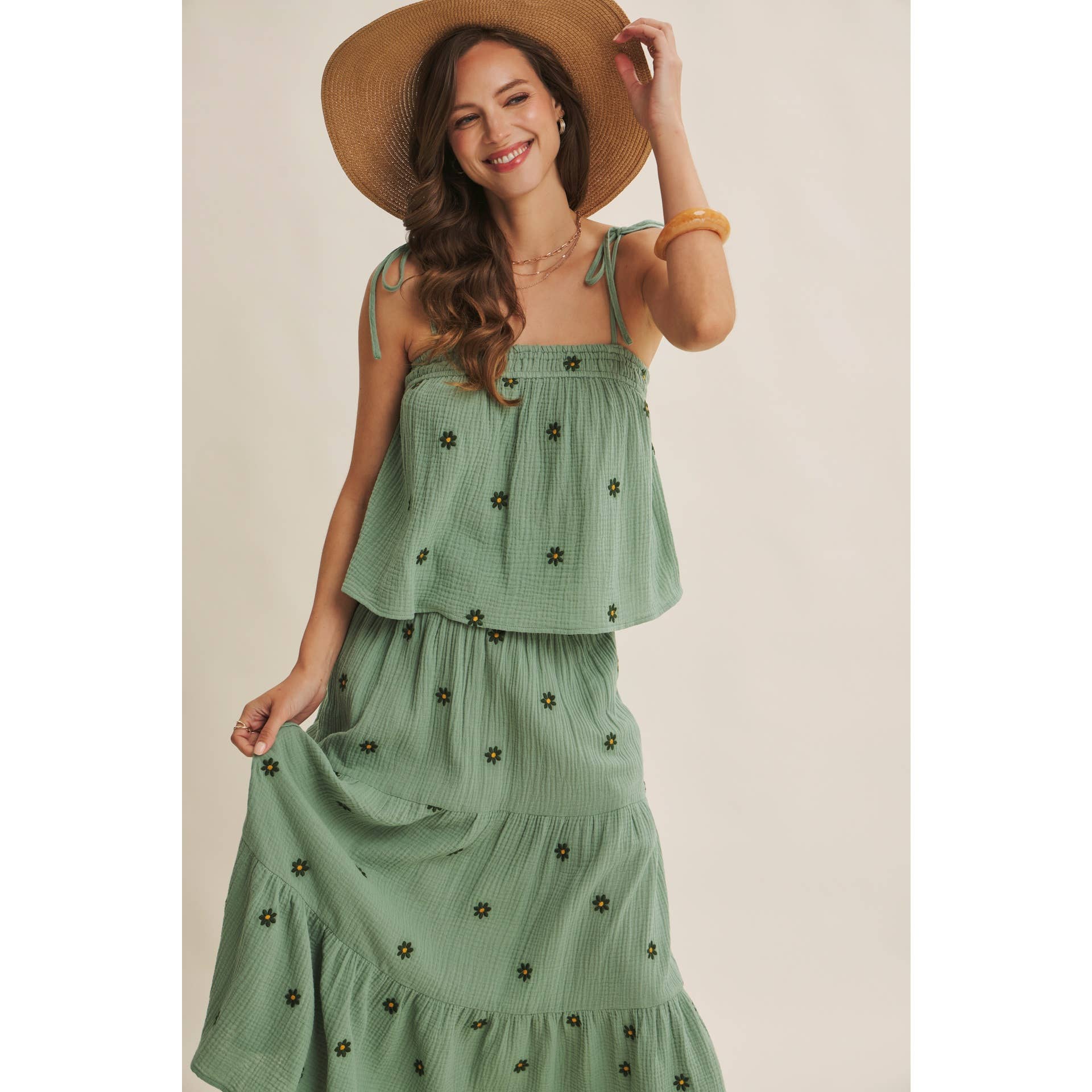 SUNSET FIELD EMBROIDERED COTTON GAUZE TANK WITH TIE STRAPS
