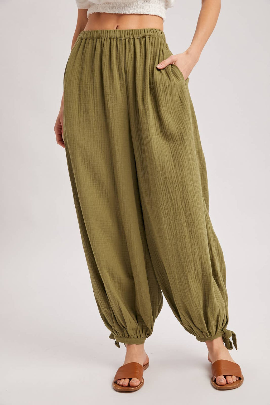 ELASTIC WAISTBAND CRINKLED GAUZE JOGGER PANTS