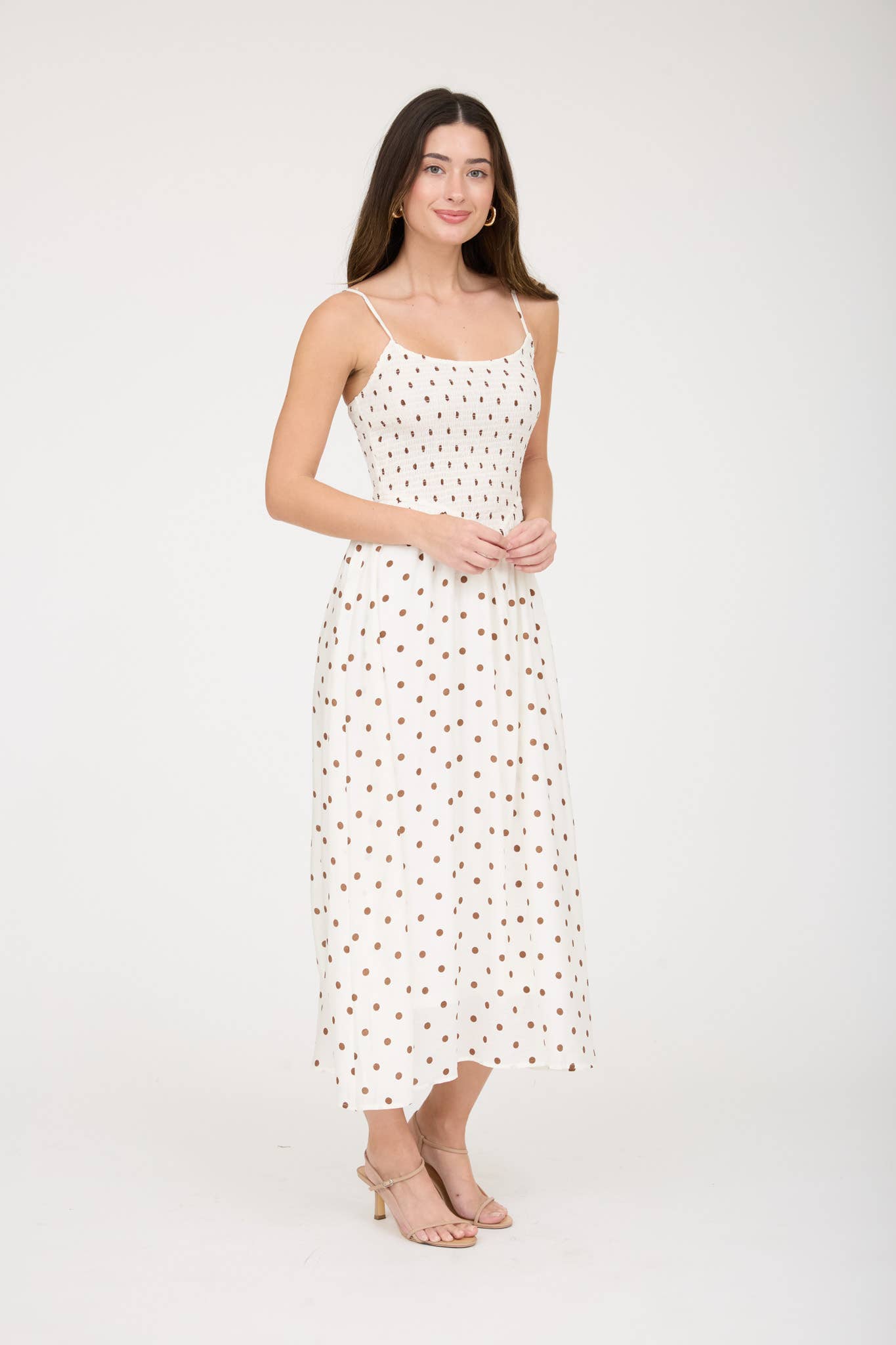 POLKA DOT SMOCKED BASQUE WAIST MIDI DRESS