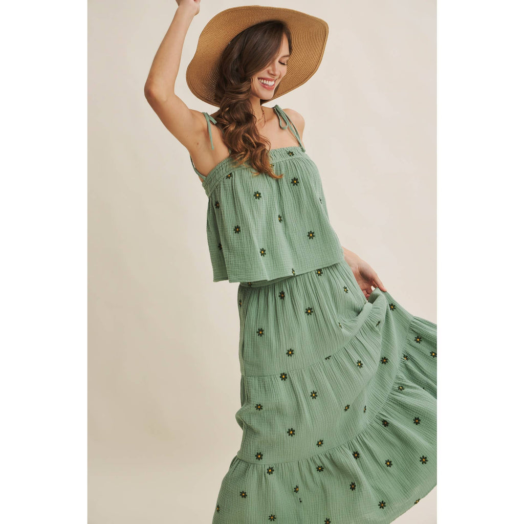 SUNSET FIELD EMBROIDERED COTTON GAUZE SMOCKED MIDI SKIRTS