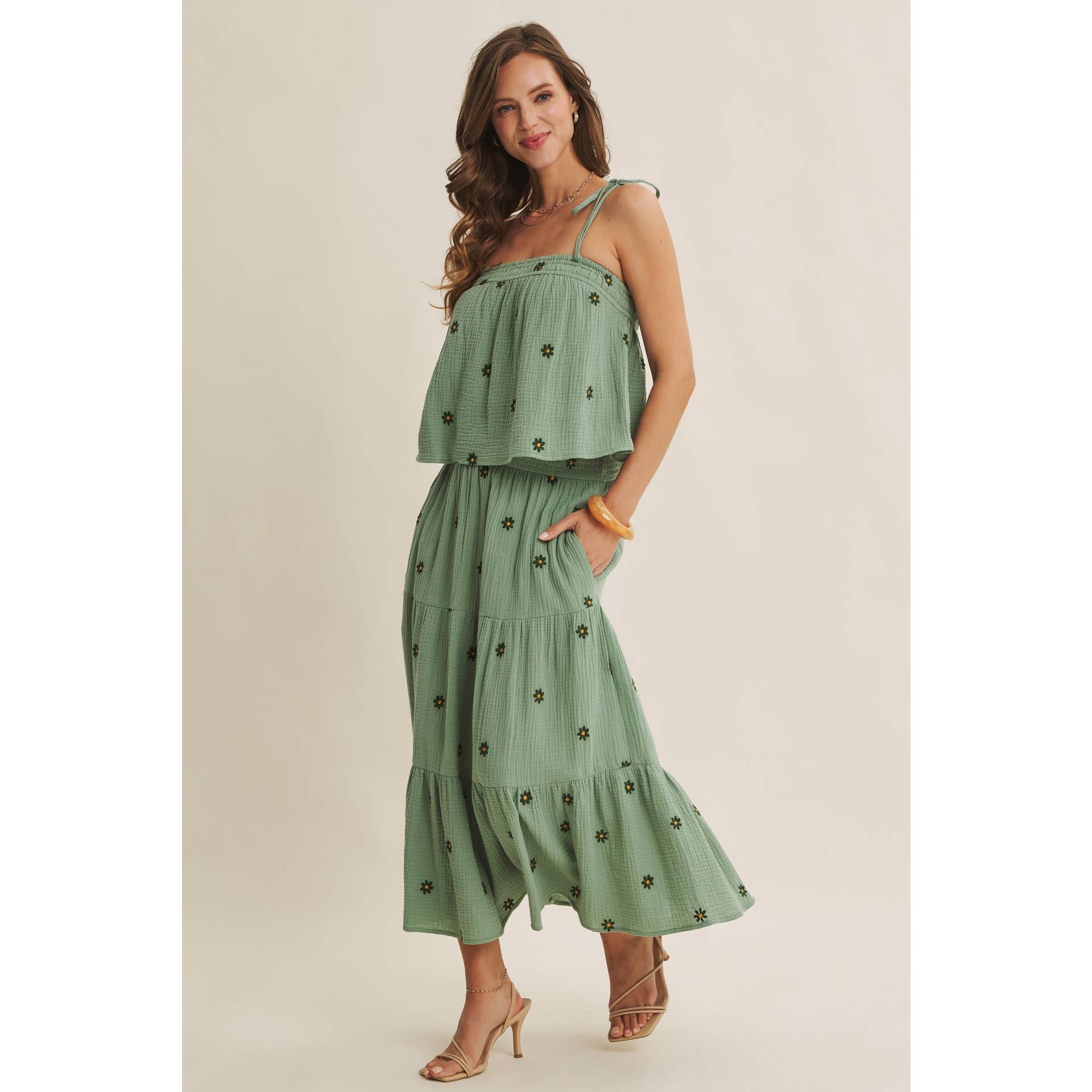 SUNSET FIELD EMBROIDERED COTTON GAUZE TANK WITH TIE STRAPS