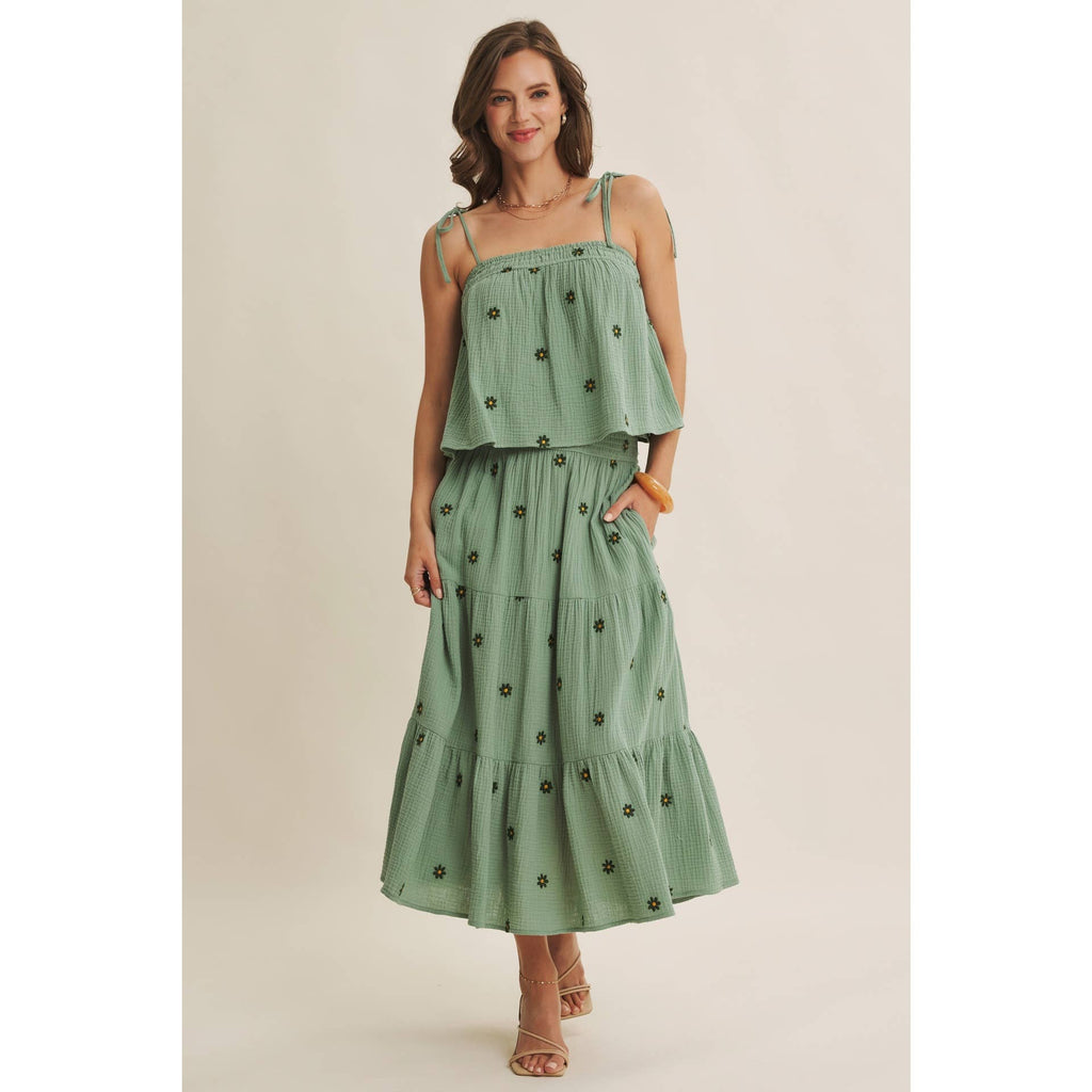 SUNSET FIELD EMBROIDERED COTTON GAUZE SMOCKED MIDI SKIRTS