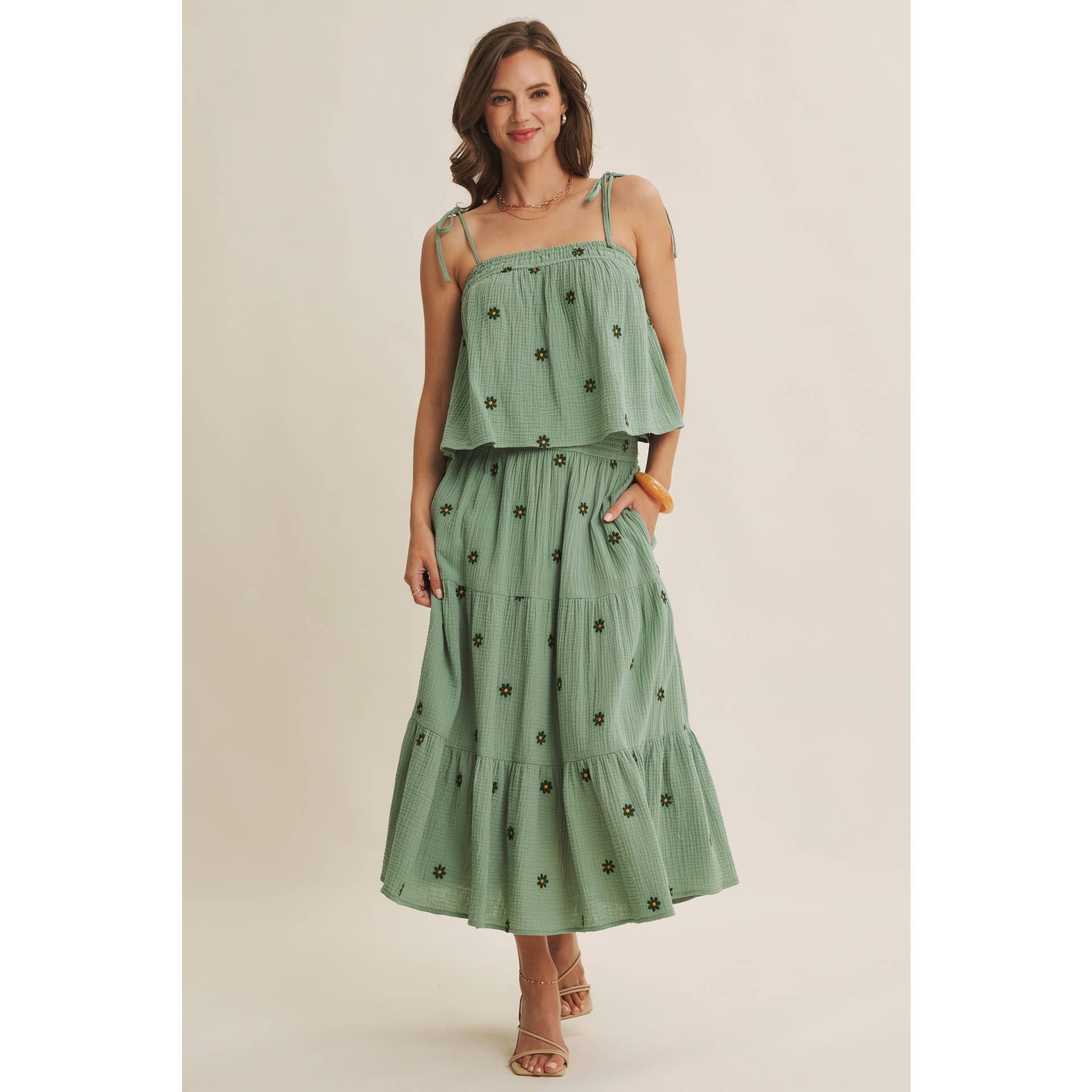 SUNSET FIELD EMBROIDERED COTTON GAUZE SMOCKED MIDI SKIRTS