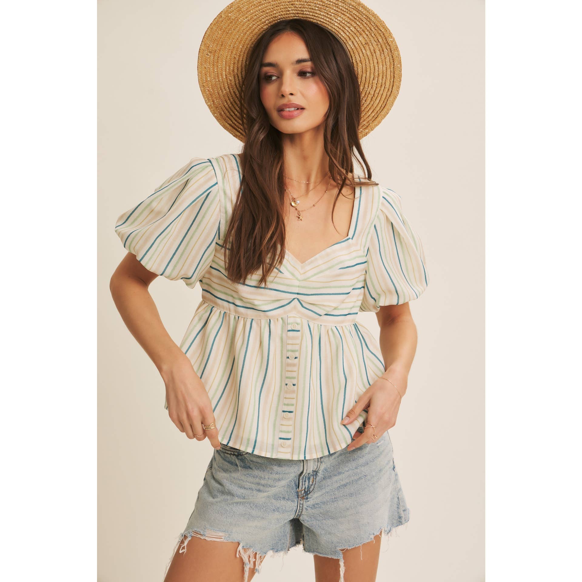 MULTI COLOR STRIPED BUBBLE SLEEVES BABYDOLL TOP