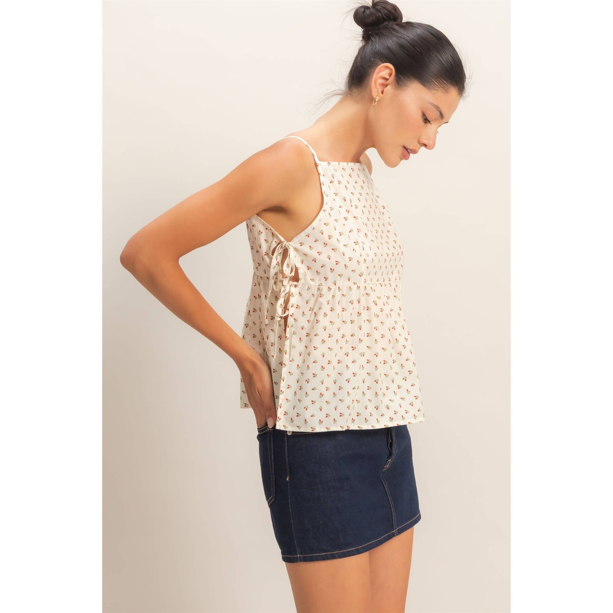 Strawberry Print Tie-Side Cami Top