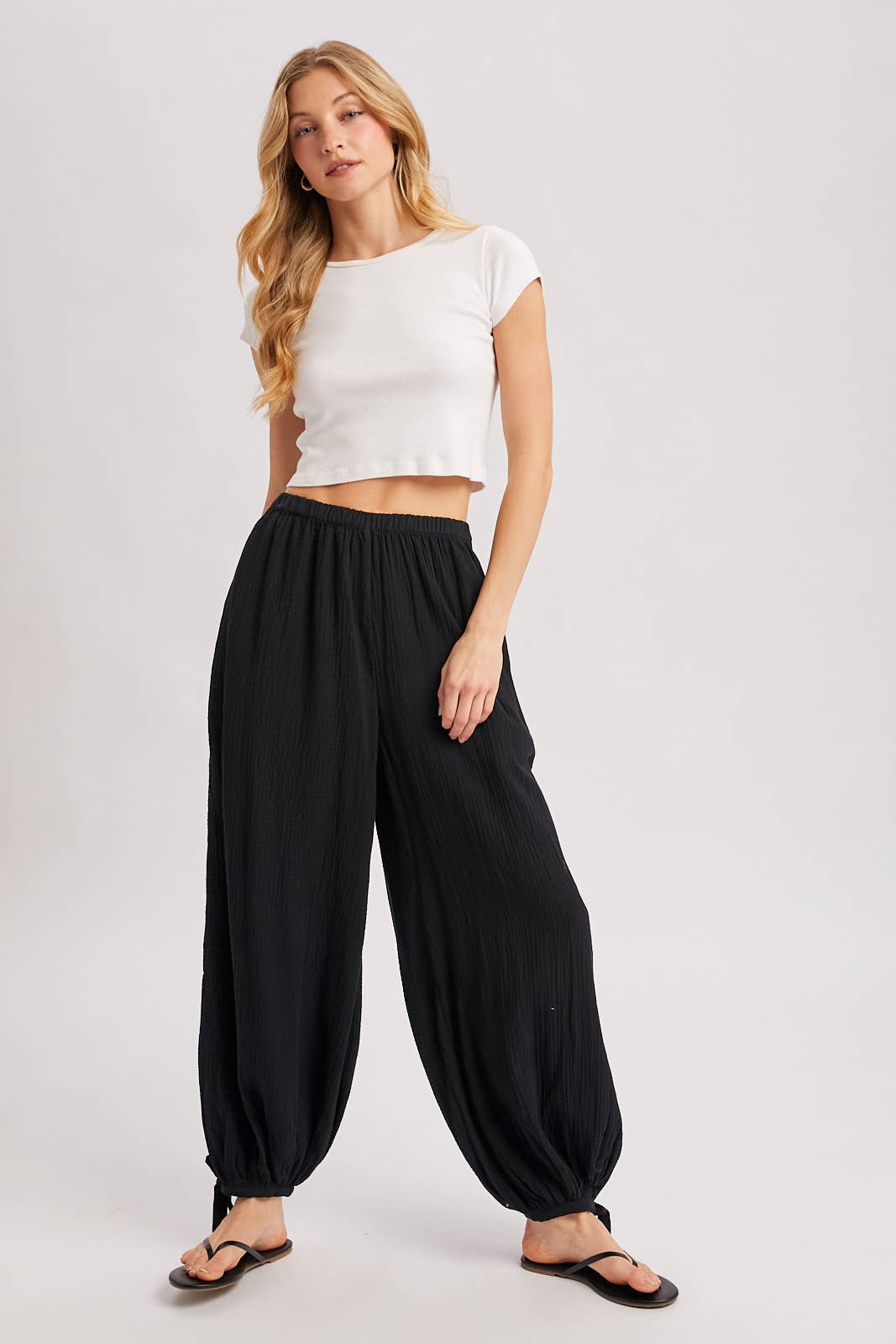 ELASTIC WAISTBAND CRINKLED GAUZE JOGGER PANTS