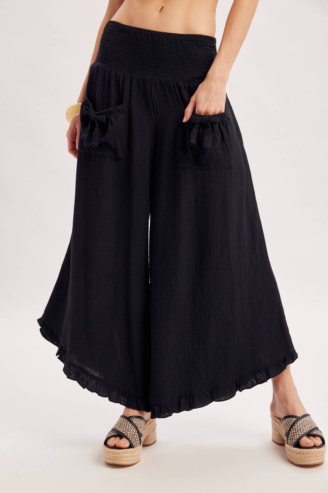 SMOCKED WAISTBAND RUFFLE TRIM WIDE LEG PANTS
