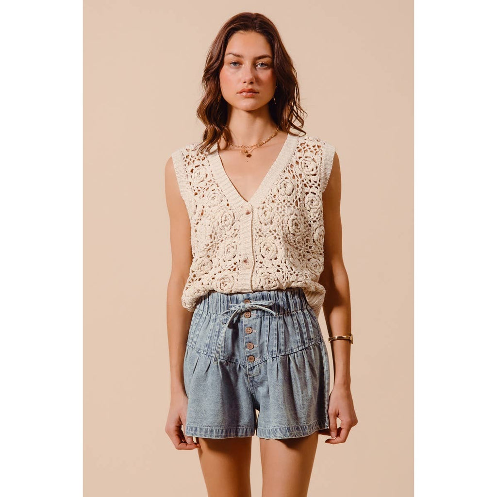 FLARED DENIM SHORTS WITH ELASTICIZED WAIST