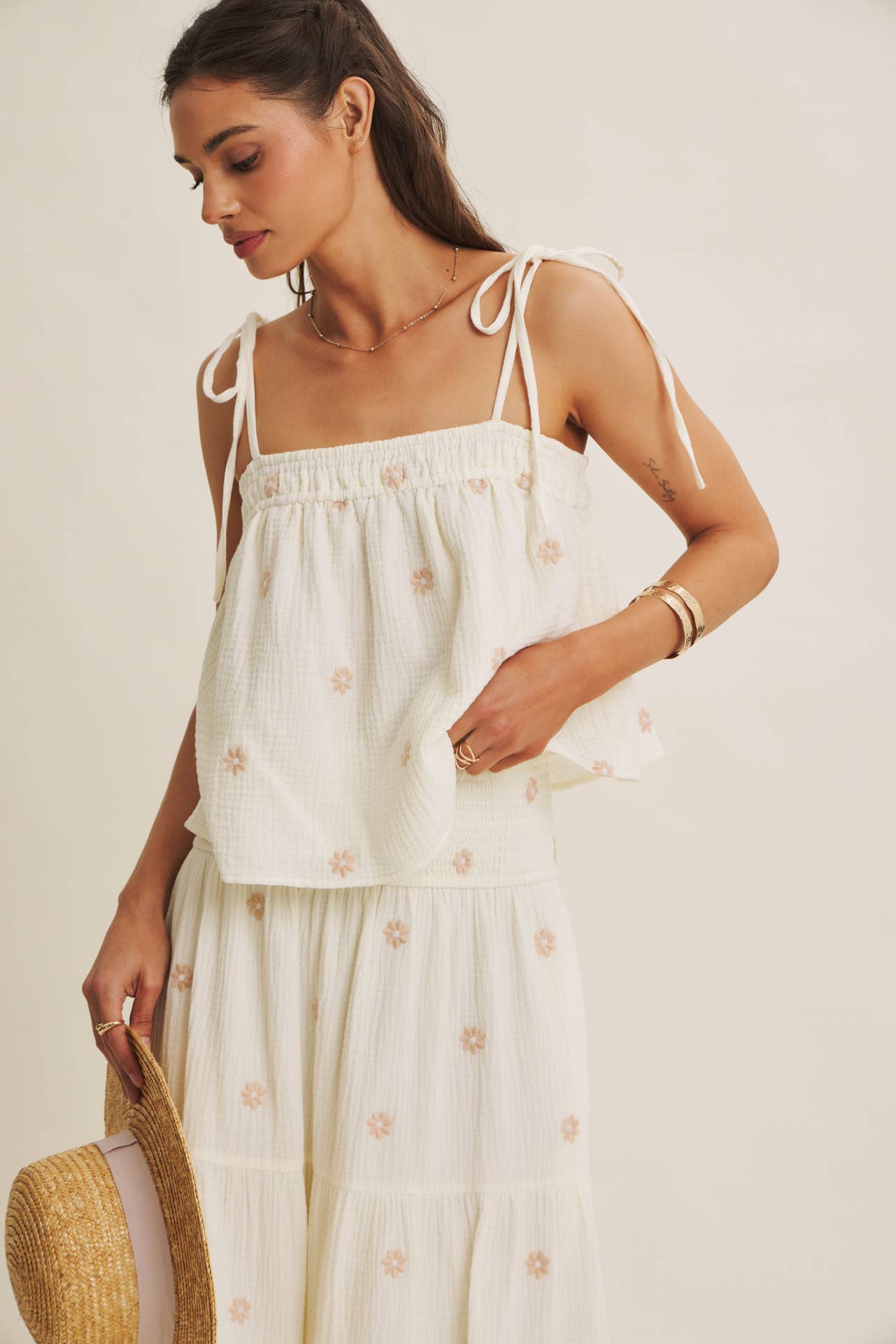 SUNSET FIELD EMBROIDERED COTTON GAUZE SMOCKED MIDI SKIRTS