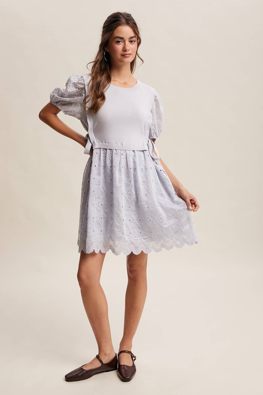 Embroidered Puff Sleeve Dress with Knit Vest LD1522