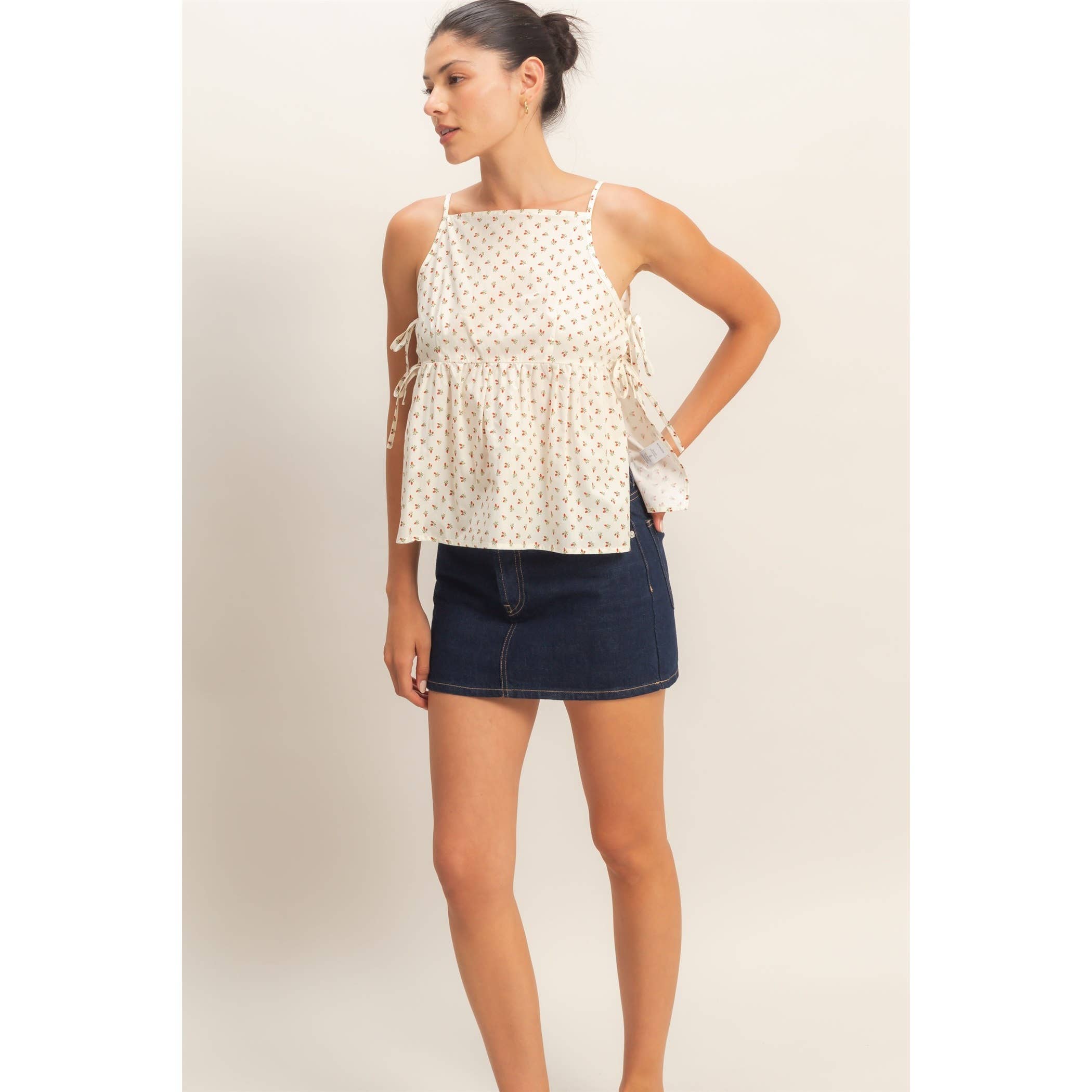 Strawberry Print Tie-Side Cami Top