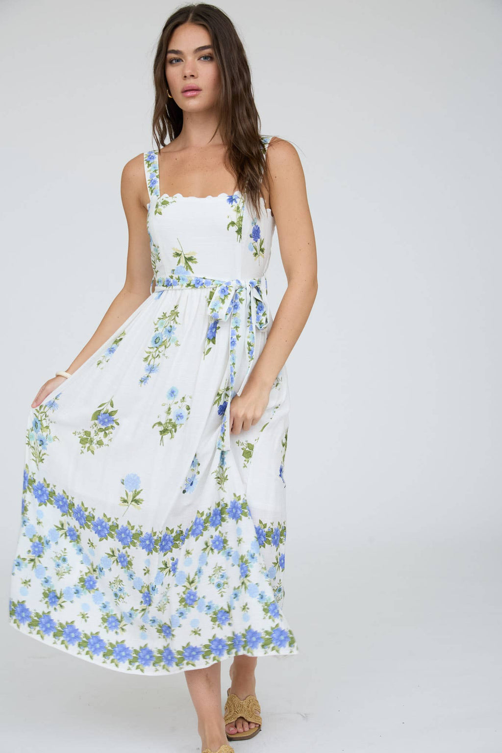 FLORAL BORDER PATTERN BELT STRAP MIDI DRESS