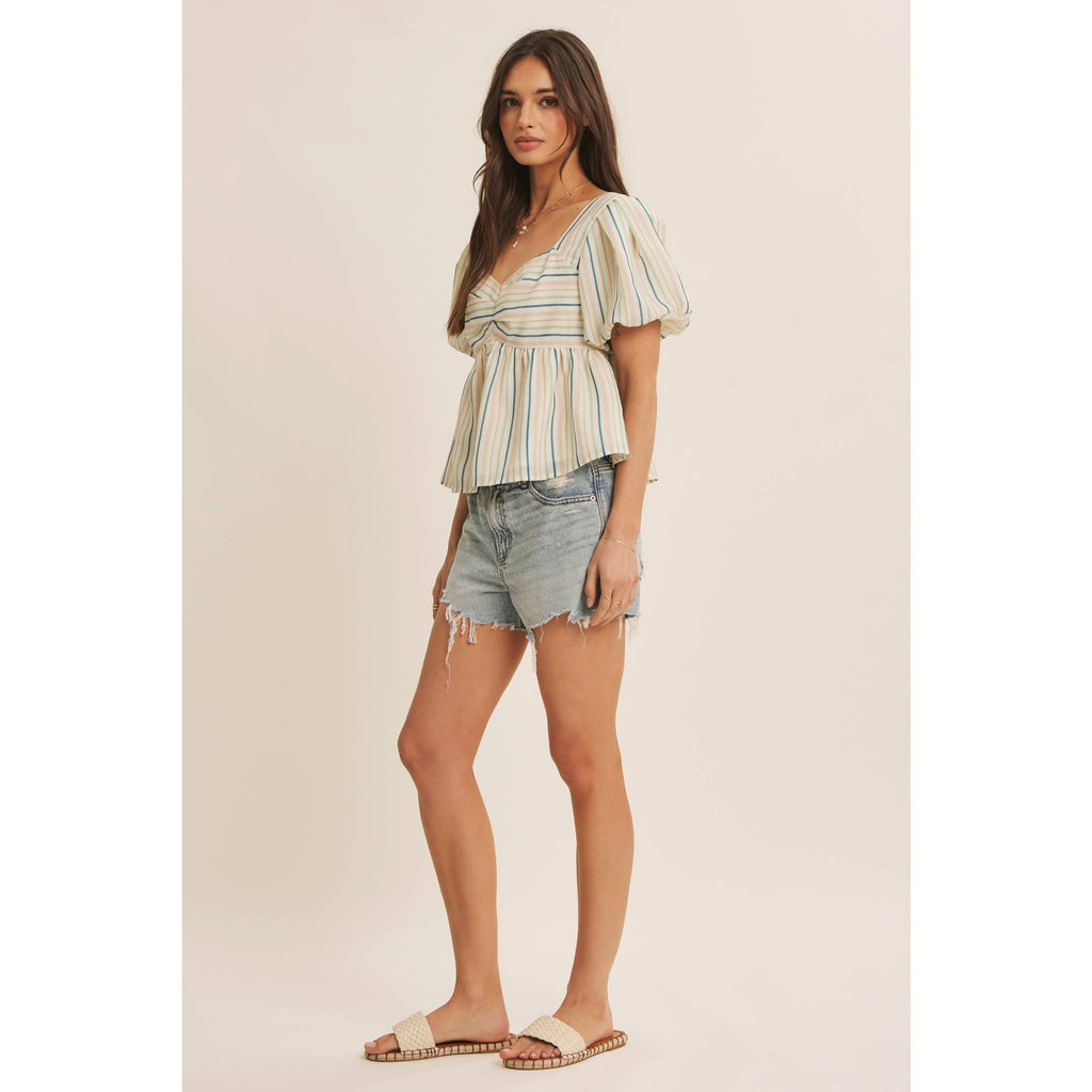 MULTI COLOR STRIPED BUBBLE SLEEVES BABYDOLL TOP